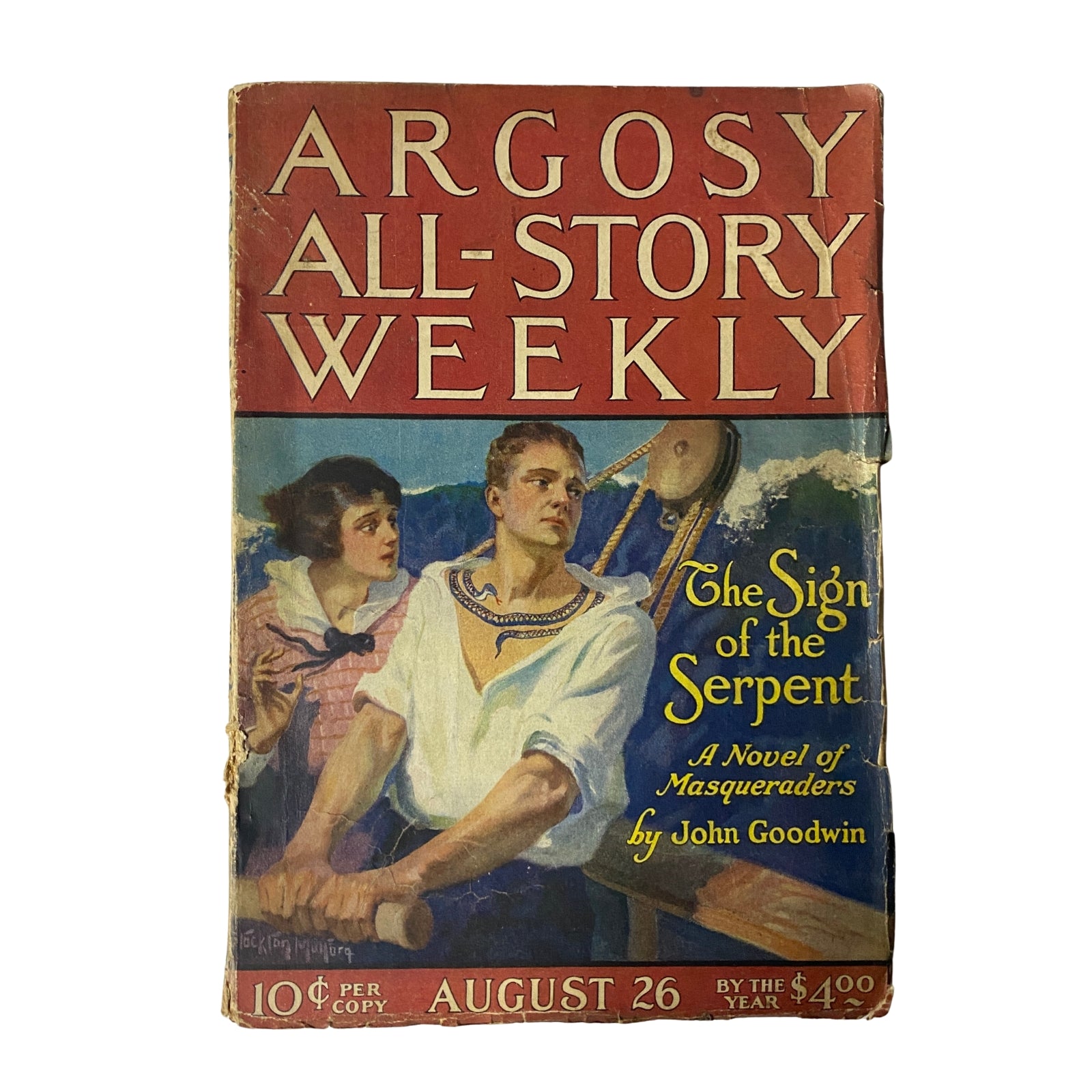 Cover of Argosy All-Story Weekly Pulp Magazine from August 26, 1922, featuring 'The Sign of the Serpent' by John Goodwin, showcasing vibrant colors and a vintage design.