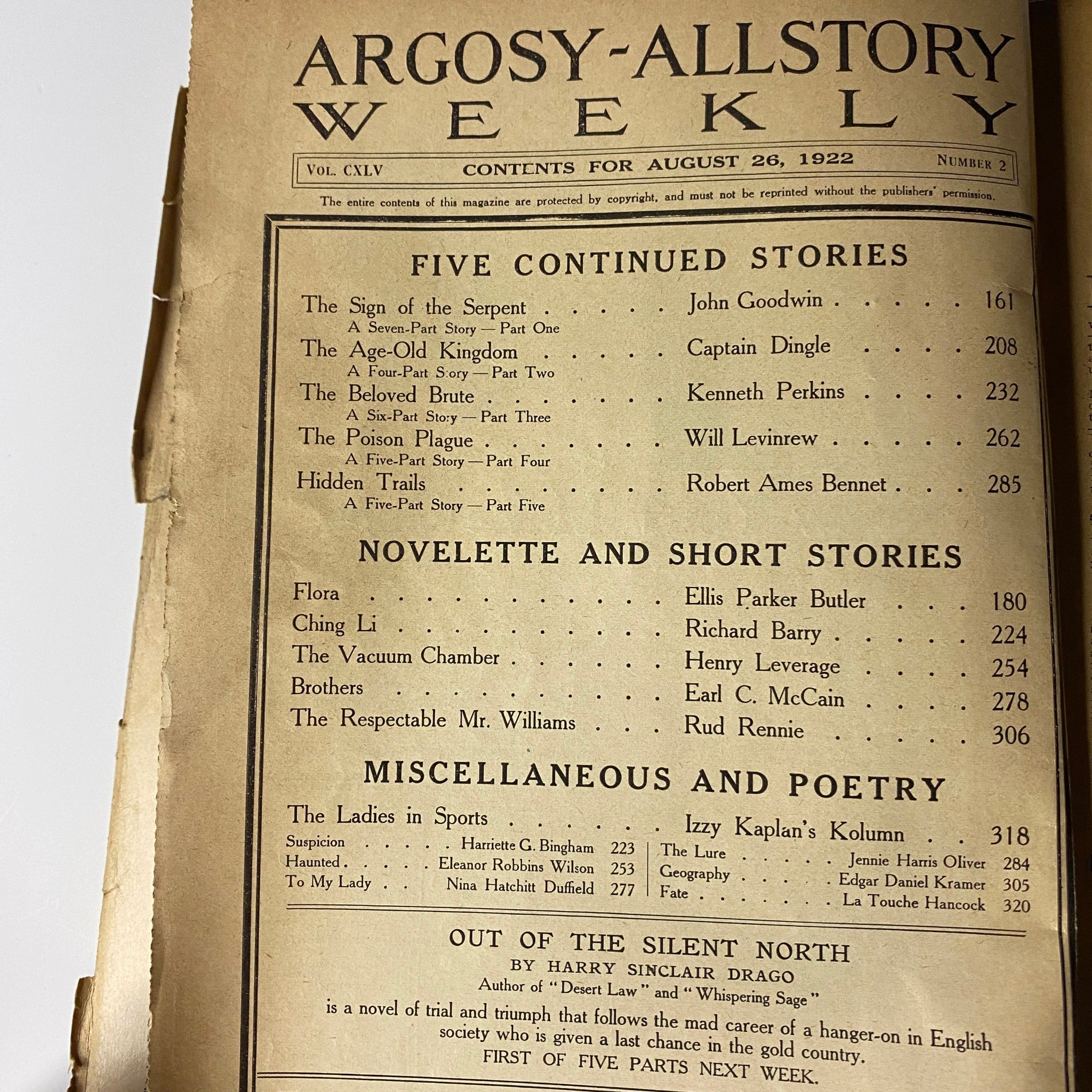 Table of Contents for Argosy All-Story Weekly, August 26, 1922, listing features including 'The Sign of the Serpent' by John Goodwin and other short stories and poetry.