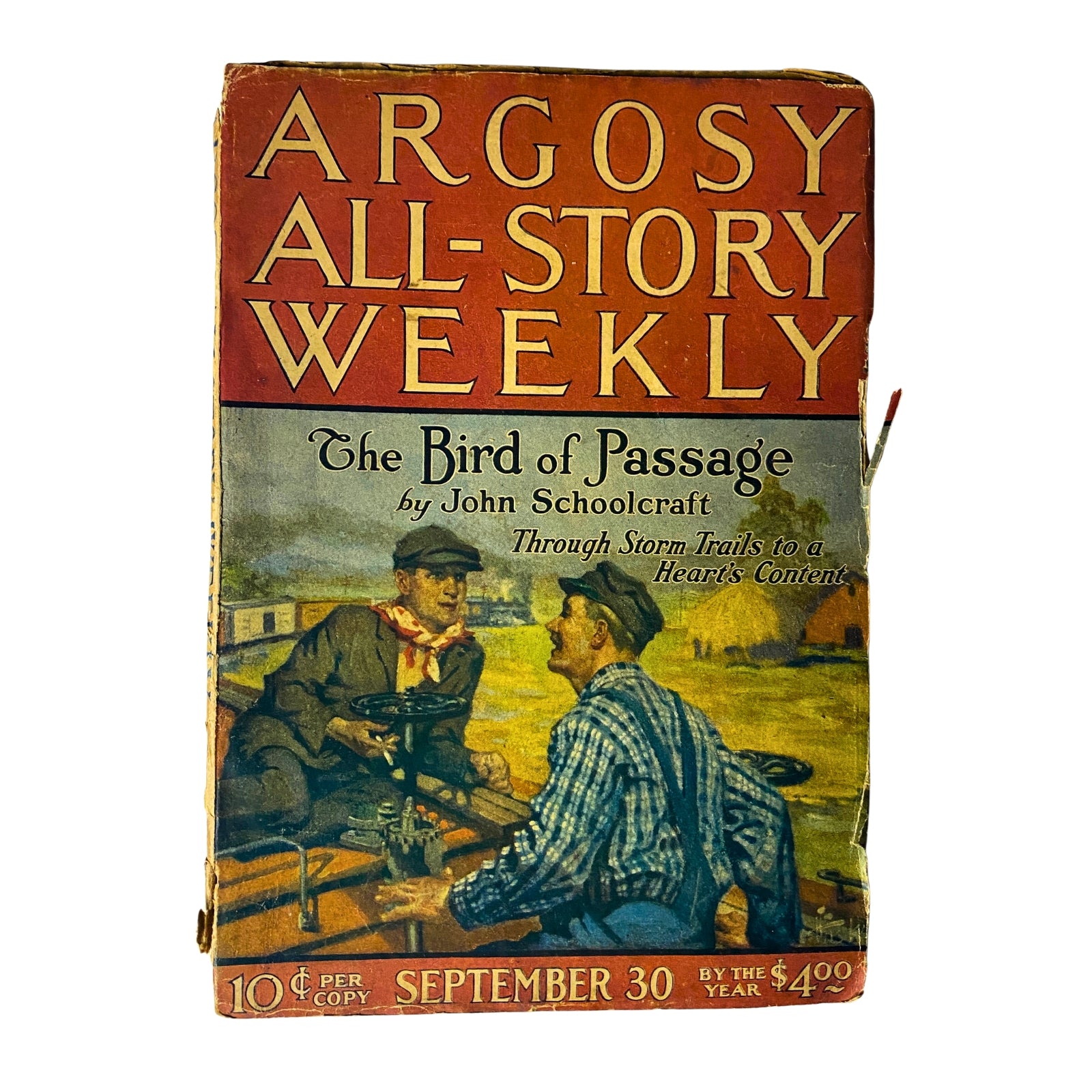 Cover of Argosy All-Story Weekly, September 30, 1922, featuring the title 'The Bird of Passage' by John Schoolcraft, showcasing a vintage illustration of two characters in a boat.