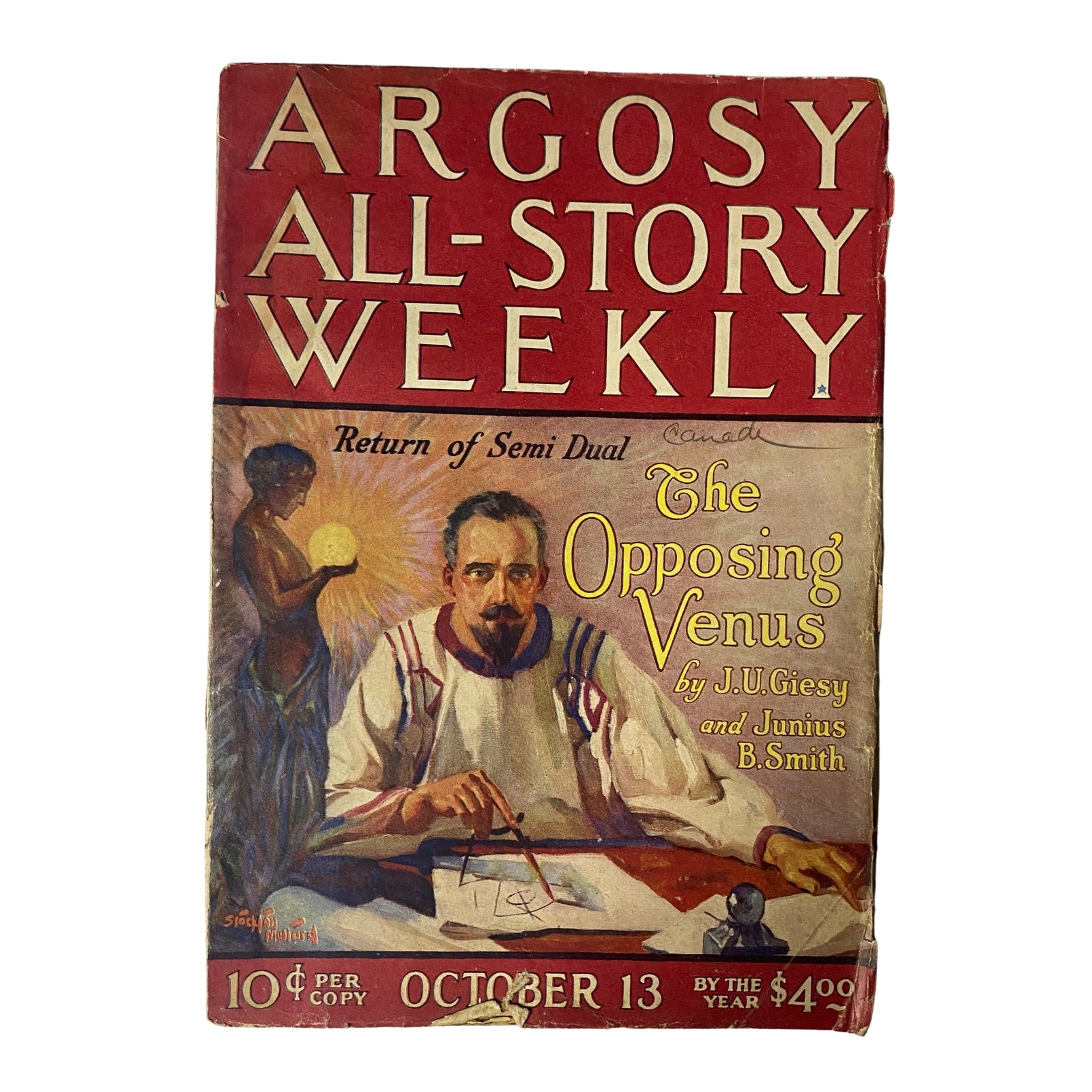 Cover of Argosy All-Story Weekly magazine from October 13, 1923 featuring 'The Opposing Venus' by J.U. Giesy and Junius B. Smith, showcasing vintage illustration and pulp fiction style.