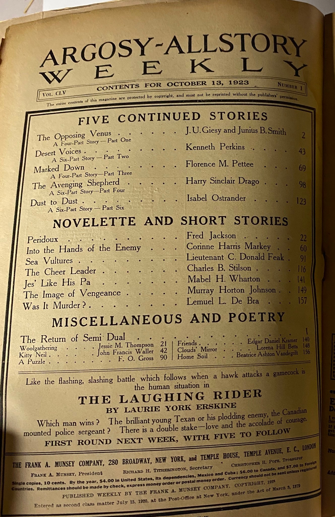 Interior of Argosy All-Story Weekly magazine from October 13, 1923, showcasing the table of contents featuring stories like 'The Opposing Venus' by J. U. Giesy and Junius B. Smith.