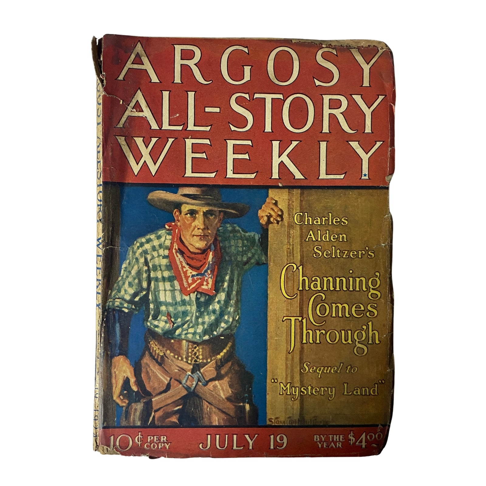 Cover of Argosy All-Story Weekly, July 19, 1924, featuring Charles Alden Seltzer's 'Channing Comes Through' with an illustration of a cowboy.