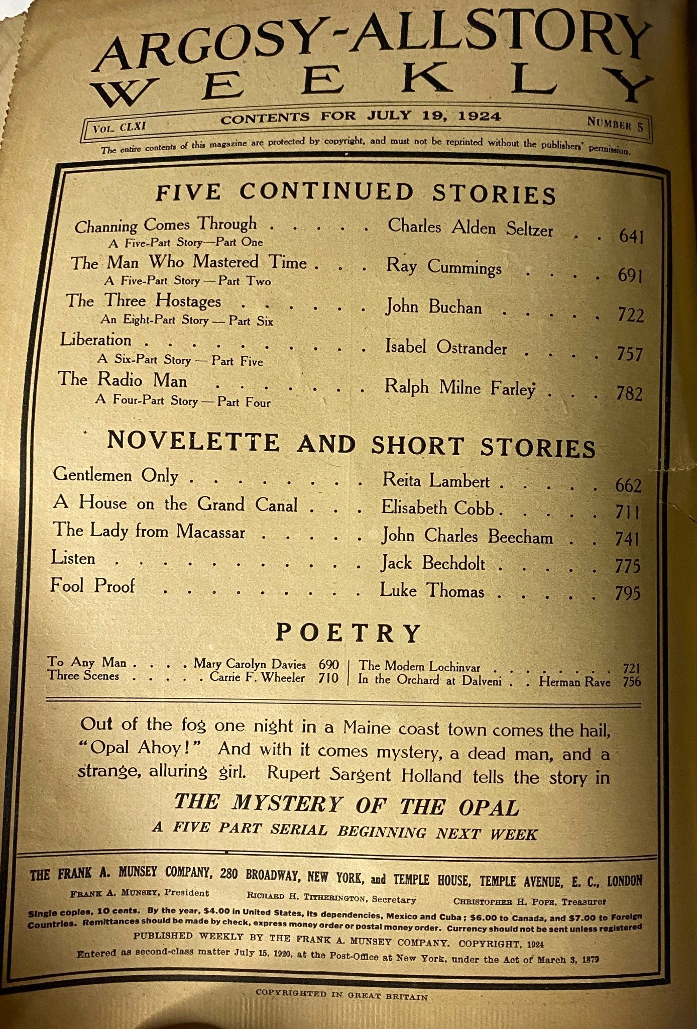 Table of contents for Argosy All-Story Weekly, July 19, 1924, listing stories including 'Channing Comes Through' and various short stories and poetry.