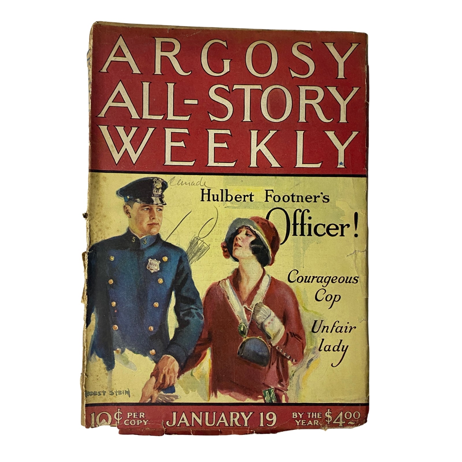 Cover of Argosy All-Story Weekly, January 19, 1924, featuring Hulbert Footner's 'Officer!', showcasing a policeman and a woman, emphasizing themes of courage and intrigue.