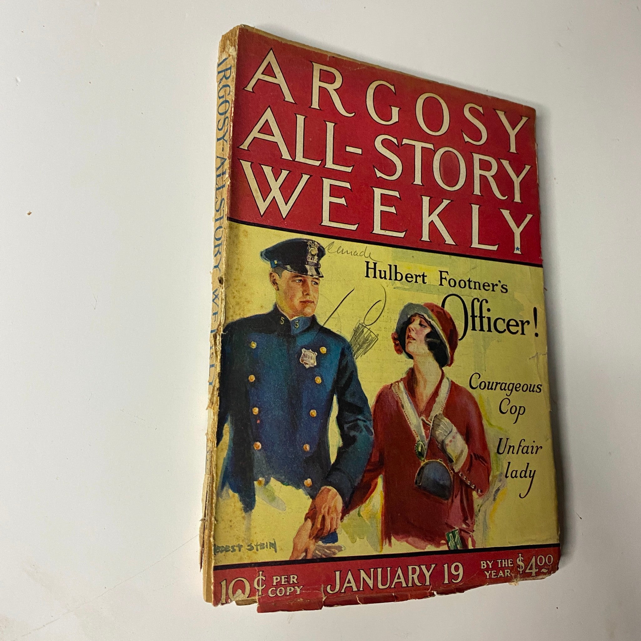 Side view of the Argosy All-Story Weekly magazine dated January 19, 1924, featuring the story 'Officer!' by Hulbert Footner, highlighting a classic pulp magazine design.