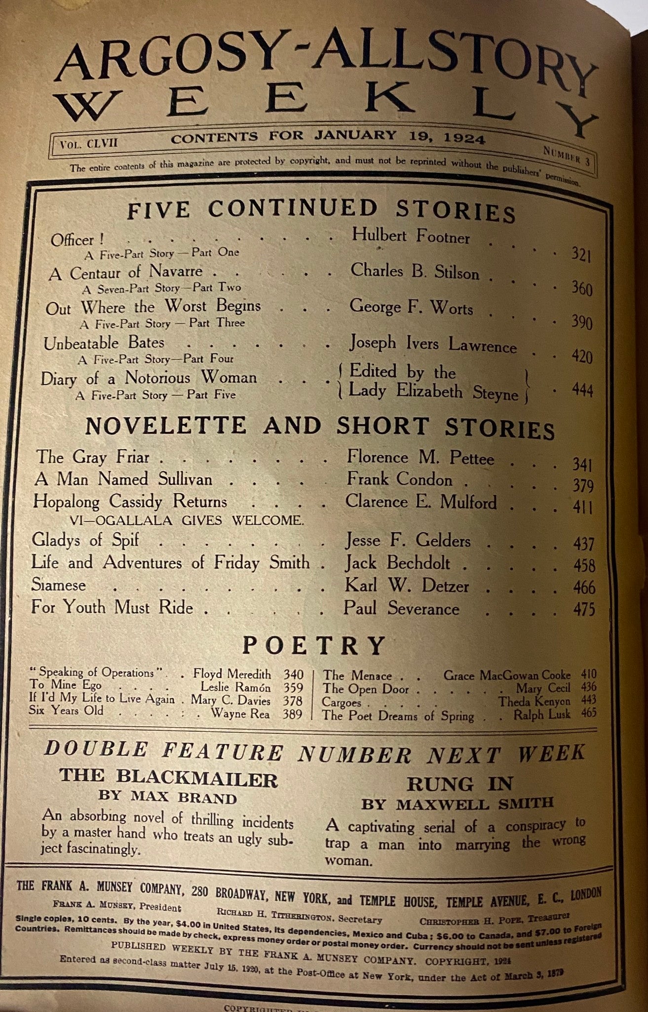 Table of contents page from the Argosy All-Story Weekly, January 19, 1924, detailing featured stories including Hulbert Footner's 'Officer!' and contributions from various authors.