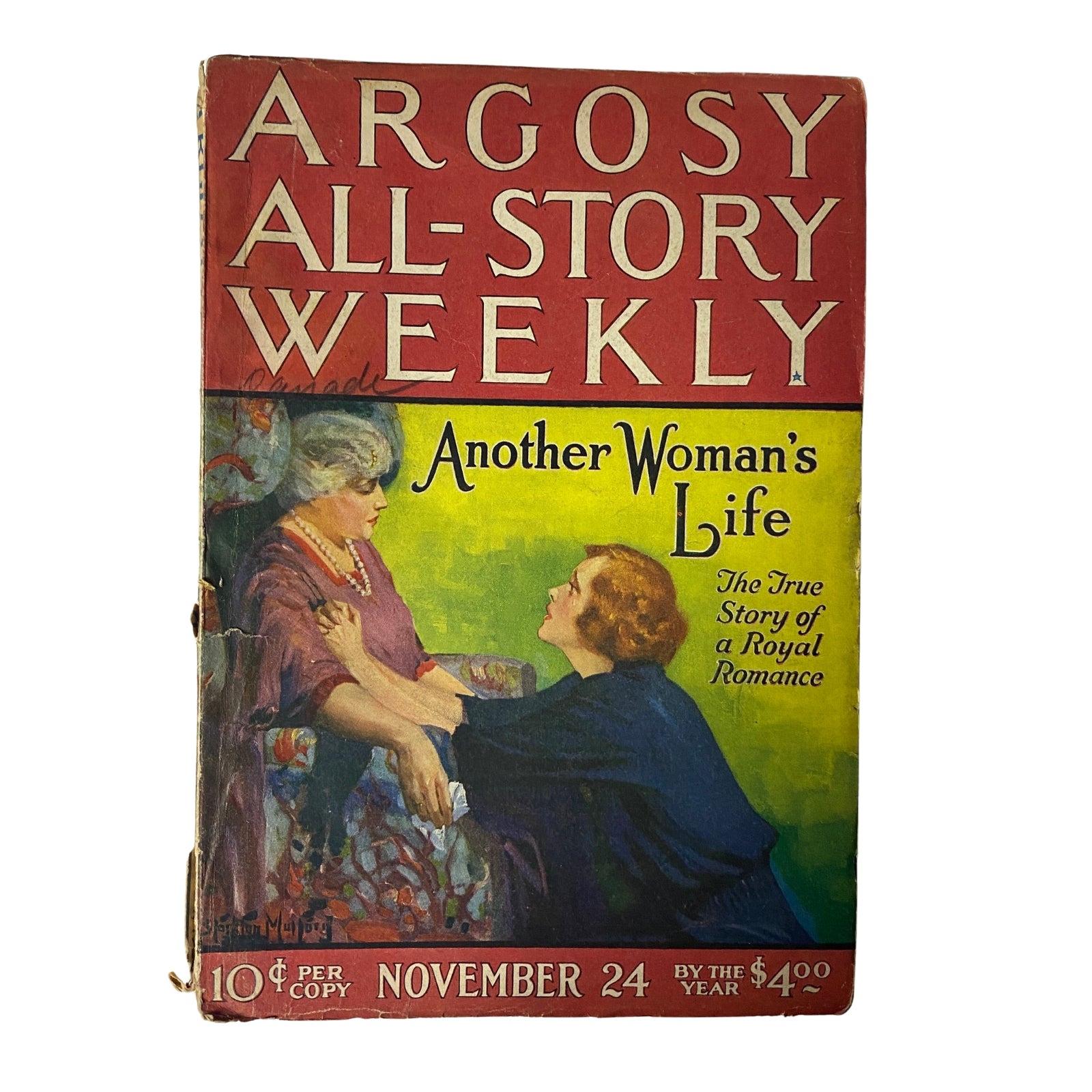 Argosy All-Story Weekly magazine cover from November 24, 1923 featuring 'Another Woman's Life' with a colorful illustration and the caption 'The True Story of a Royal Romance'.