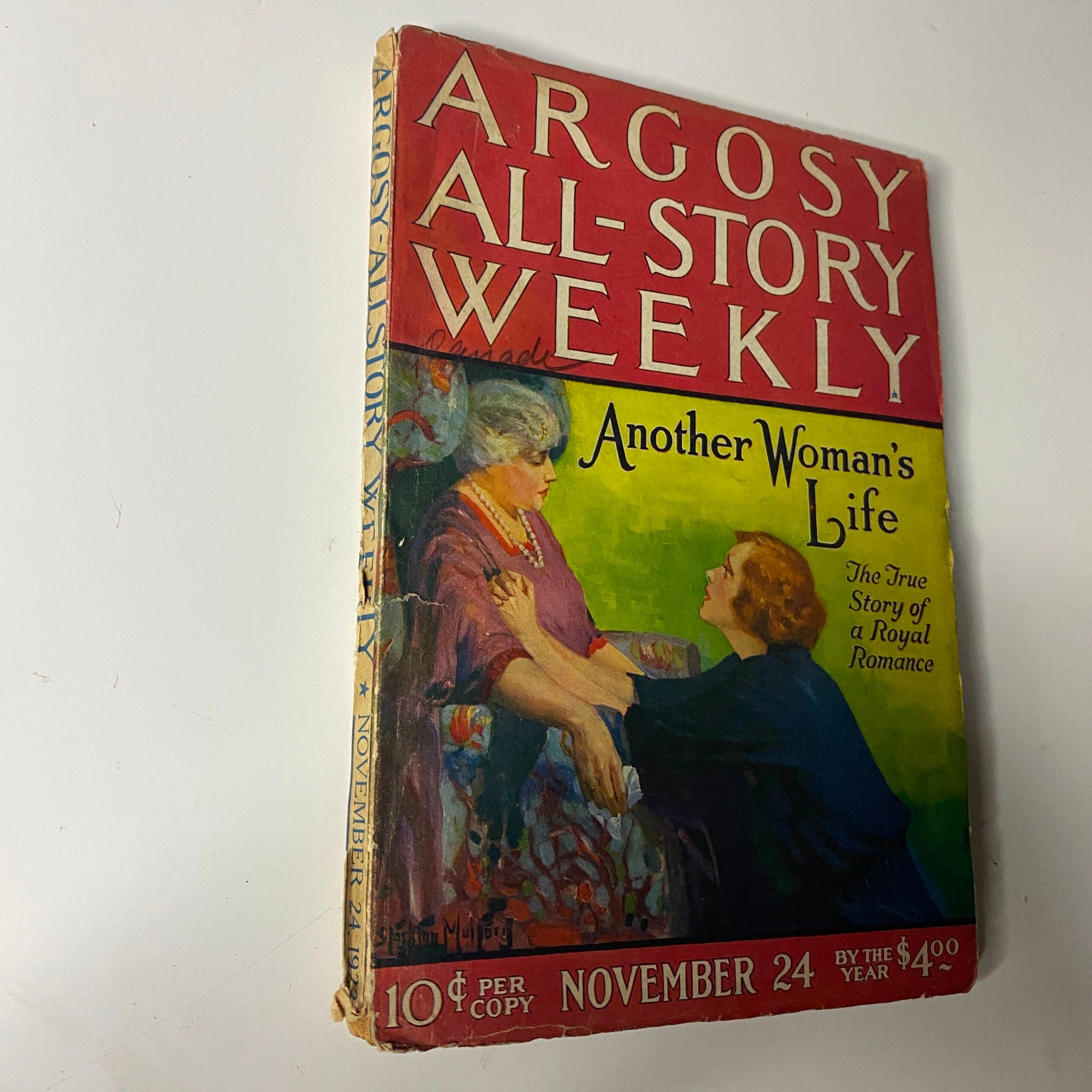 Side view of the Argosy All-Story Weekly magazine from November 24, 1923 showcasing the cover image of 'Another Woman's Life'.