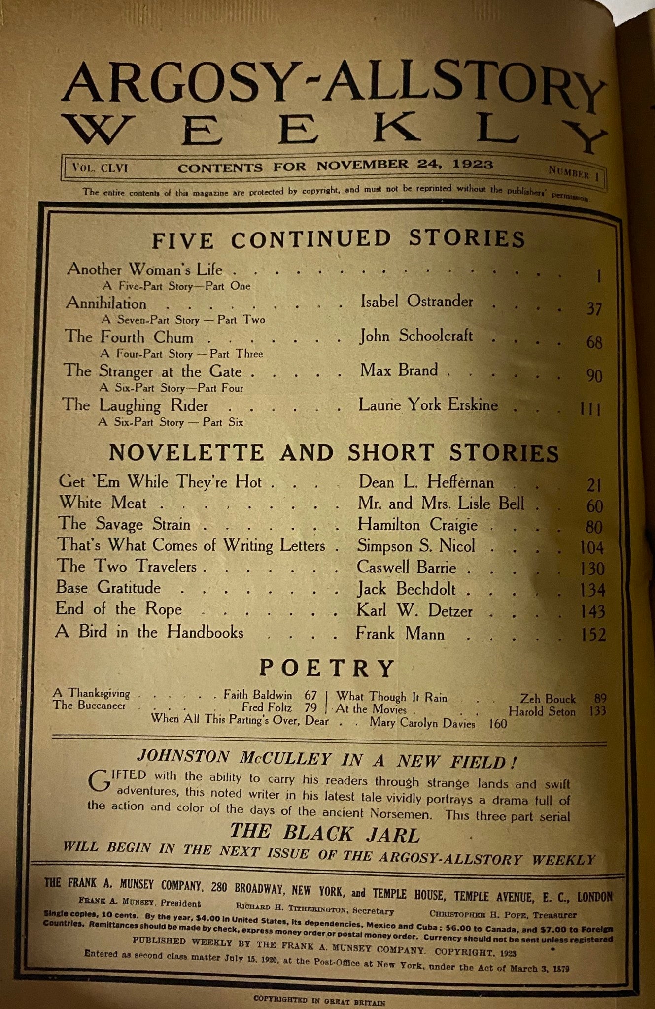 Inside page of Argosy All-Story Weekly, volume CLVI, dated November 24, 1923, displaying the table of contents including features like 'Another Woman's Life' and various short stories and poetry.