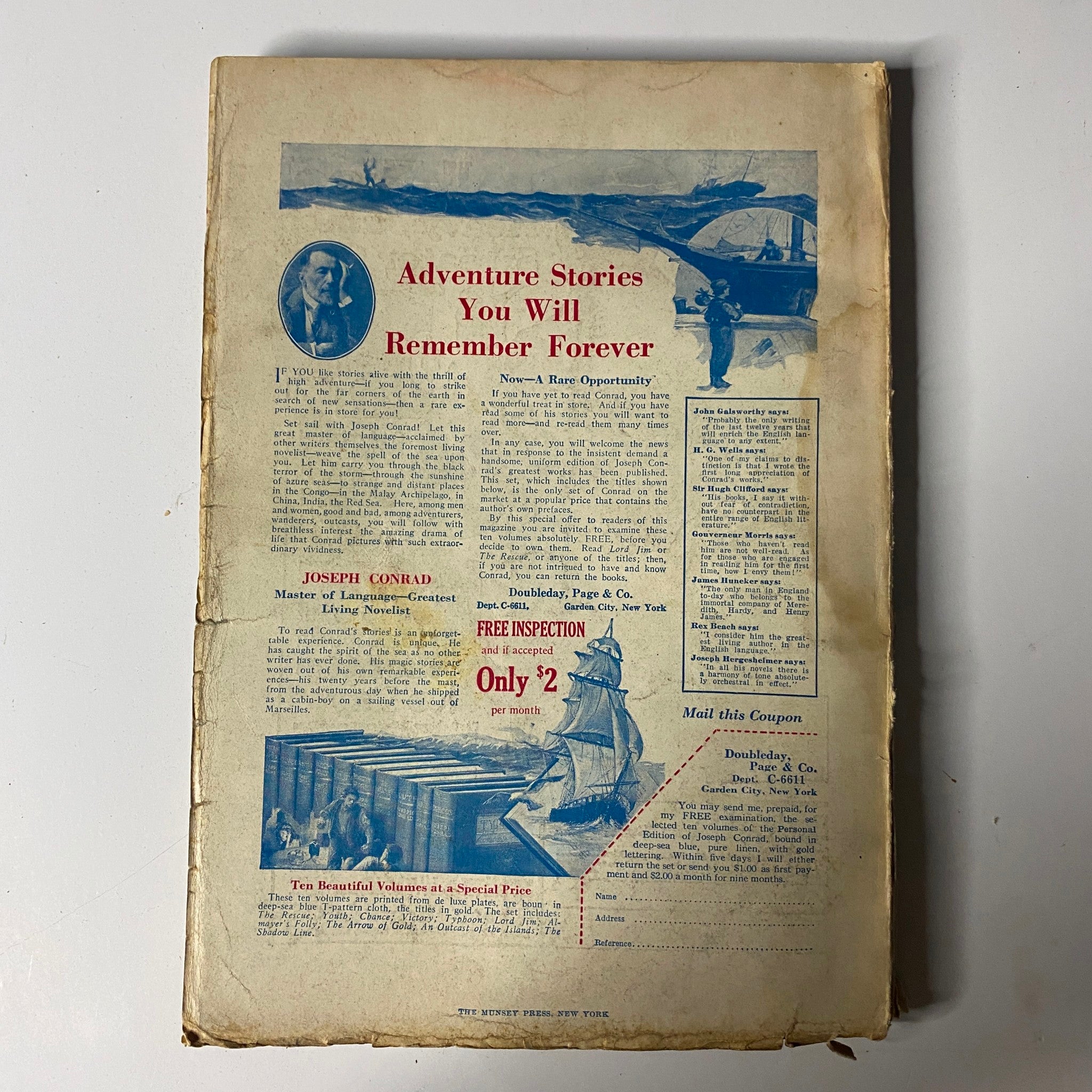 Back cover of Argosy All-Story Weekly from November 24, 1923 promoting adventure stories and featuring an advertisement for Joseph Conrad's works.