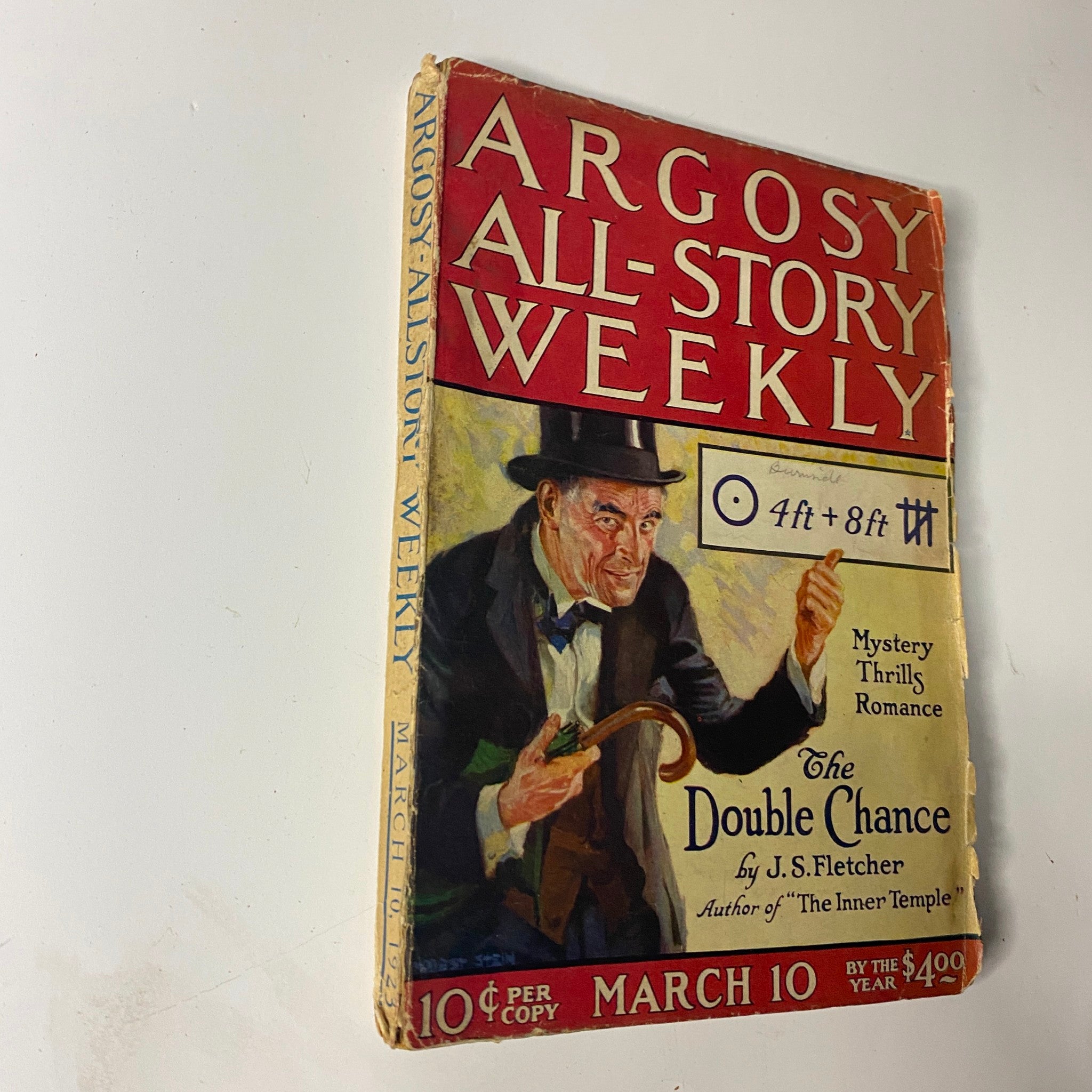Front cover of Argosy All-Story Weekly Pulp Magazine published on March 10, 1923, featuring the title 'The Double Chance' by J.S. Fletcher, depicting a mystery-themed illustration with a man in period attire.