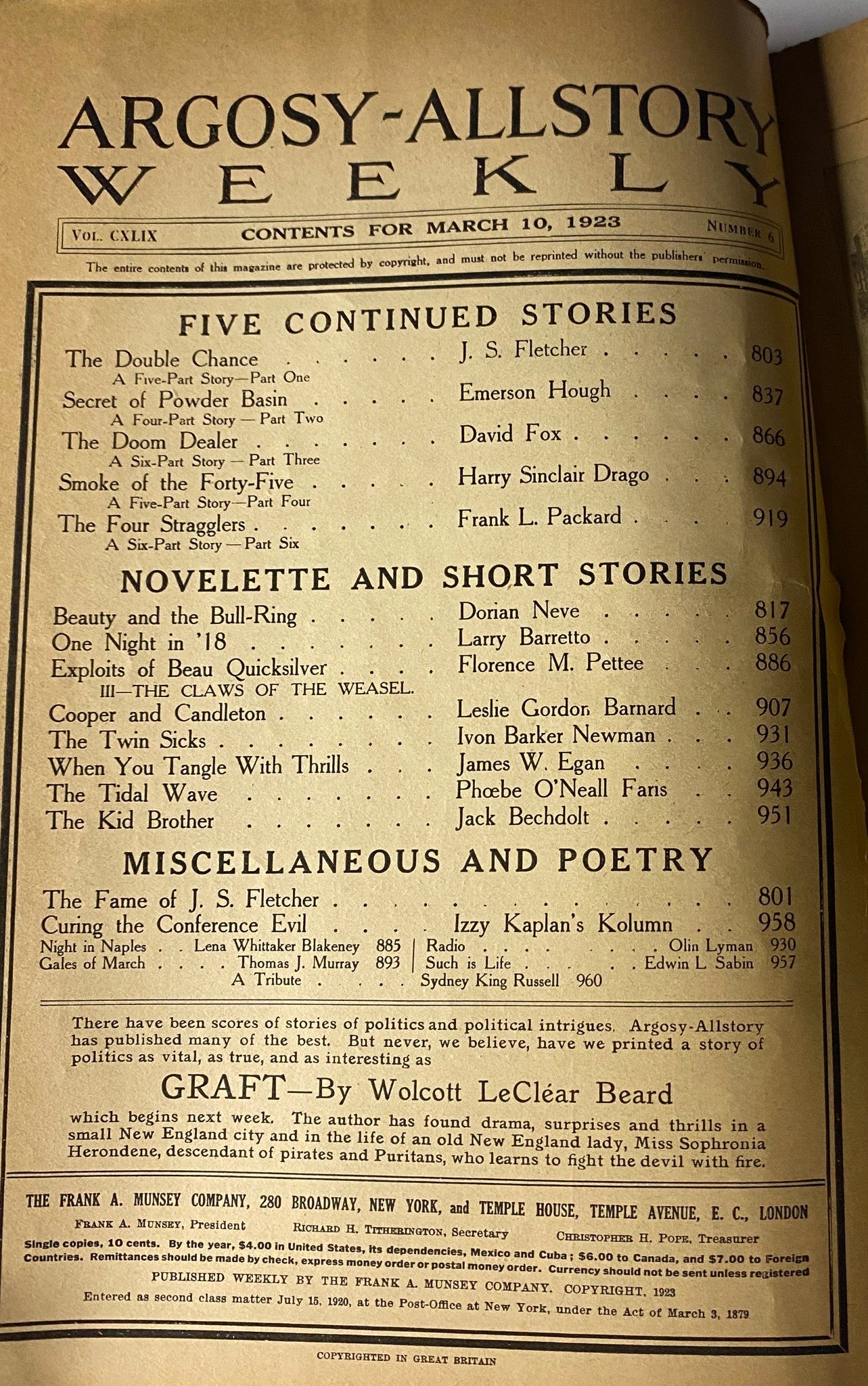 Table of contents from Argosy All-Story Weekly Pulp Magazine, March 10, 1923, listing featured stories including 'The Double Chance' and other short tales and poetry.