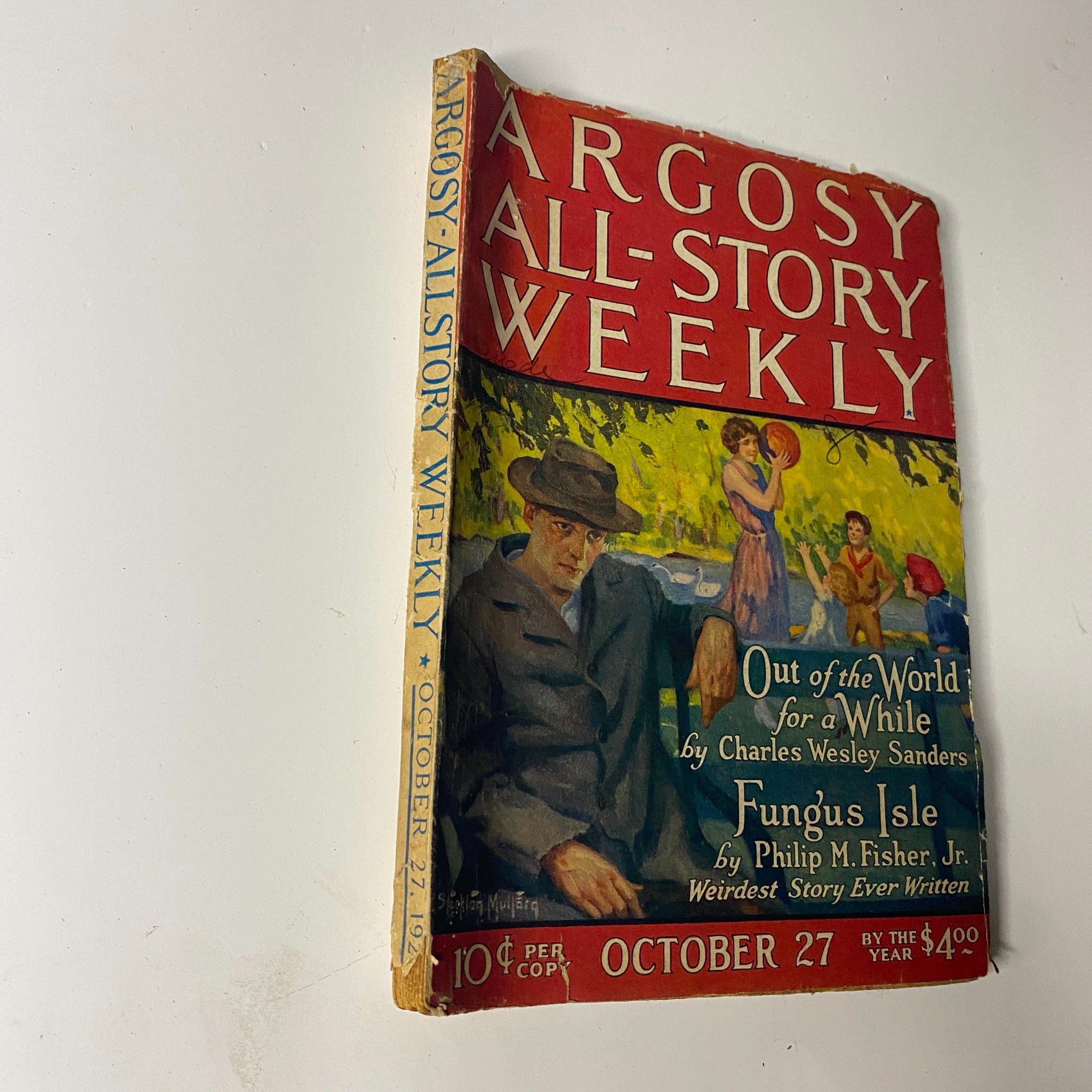 Cover of Argosy All-Story Weekly Pulp Magazine, October 27, 1923, featuring 'Fungus Isle' by Philip M. Fisher, Jr., showcasing vintage design with an outdoor scene, illustrated characters, and bold title.