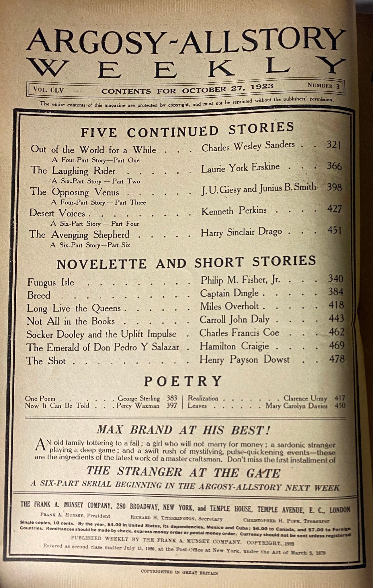 Table of Contents from Argosy All-Story Weekly, October 27, 1923, detailing featured stories including 'Out of the World for a While' and 'Fungus Isle', highlighting serialized fiction and poetry.
