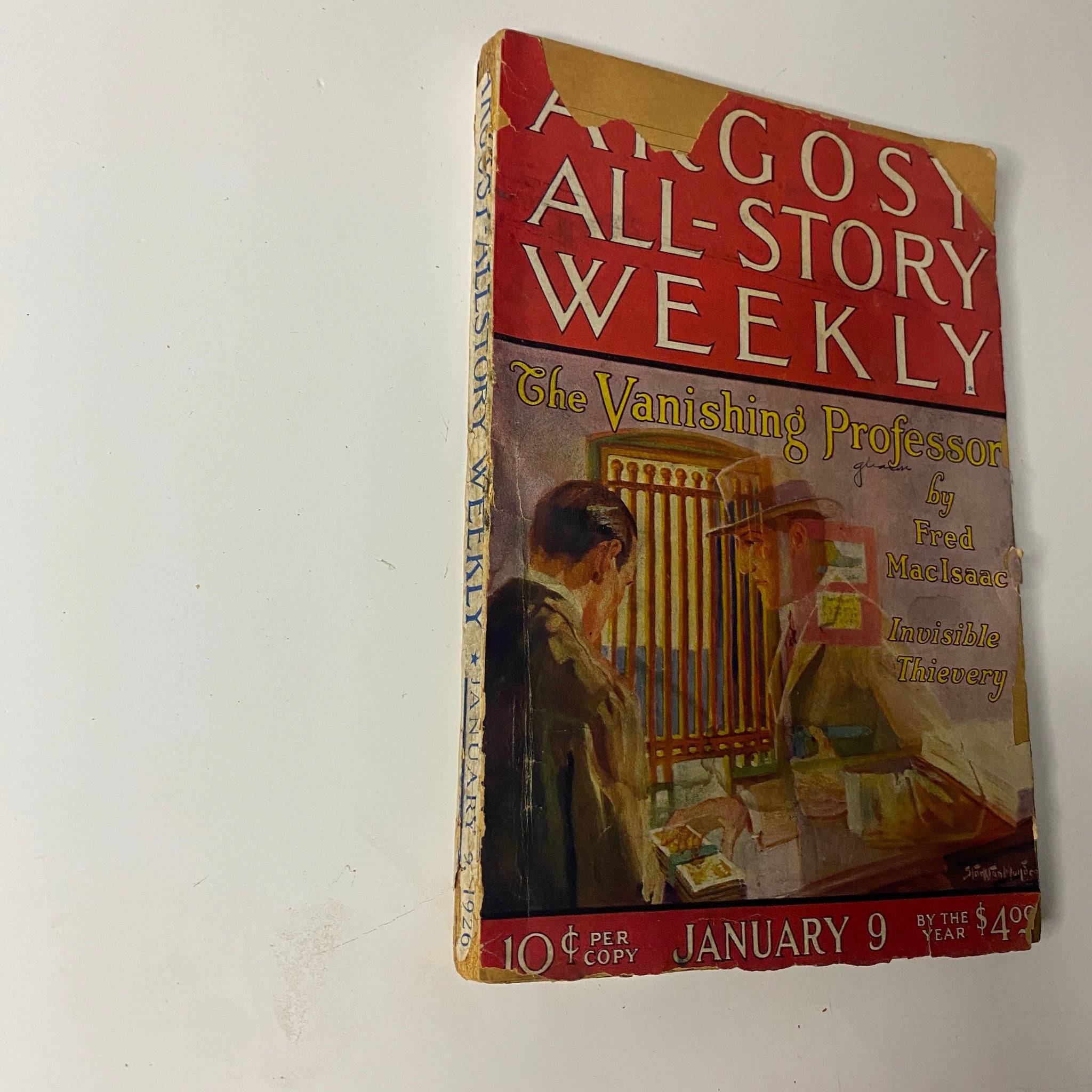 Side view of Argosy All-Story Weekly magazine, January 9, 1926, showcasing 'The Vanishing Professor' and the title's vintage design.