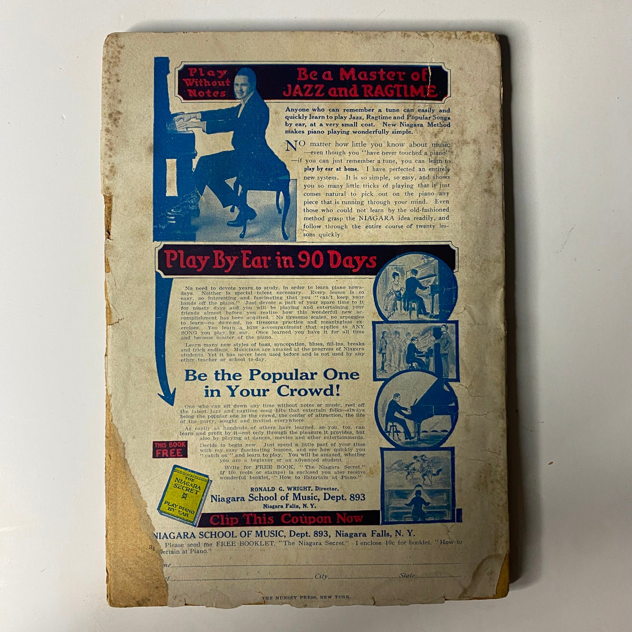 Back cover of Argosy All-Story Weekly magazine, January 9, 1926, featuring an advertisement for the Niagara School of Music, with a vintage design.