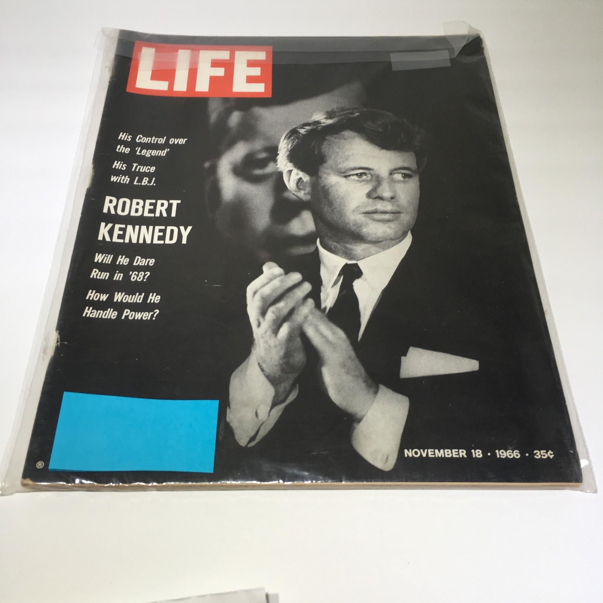 Cover of Life Magazine from November 18, 1966, featuring Robert Kennedy with a headline questioning whether he would dare to run in the 1968 presidential election. The magazine showcases a vintage design with black and white imagery and highlights key political themes of the era.