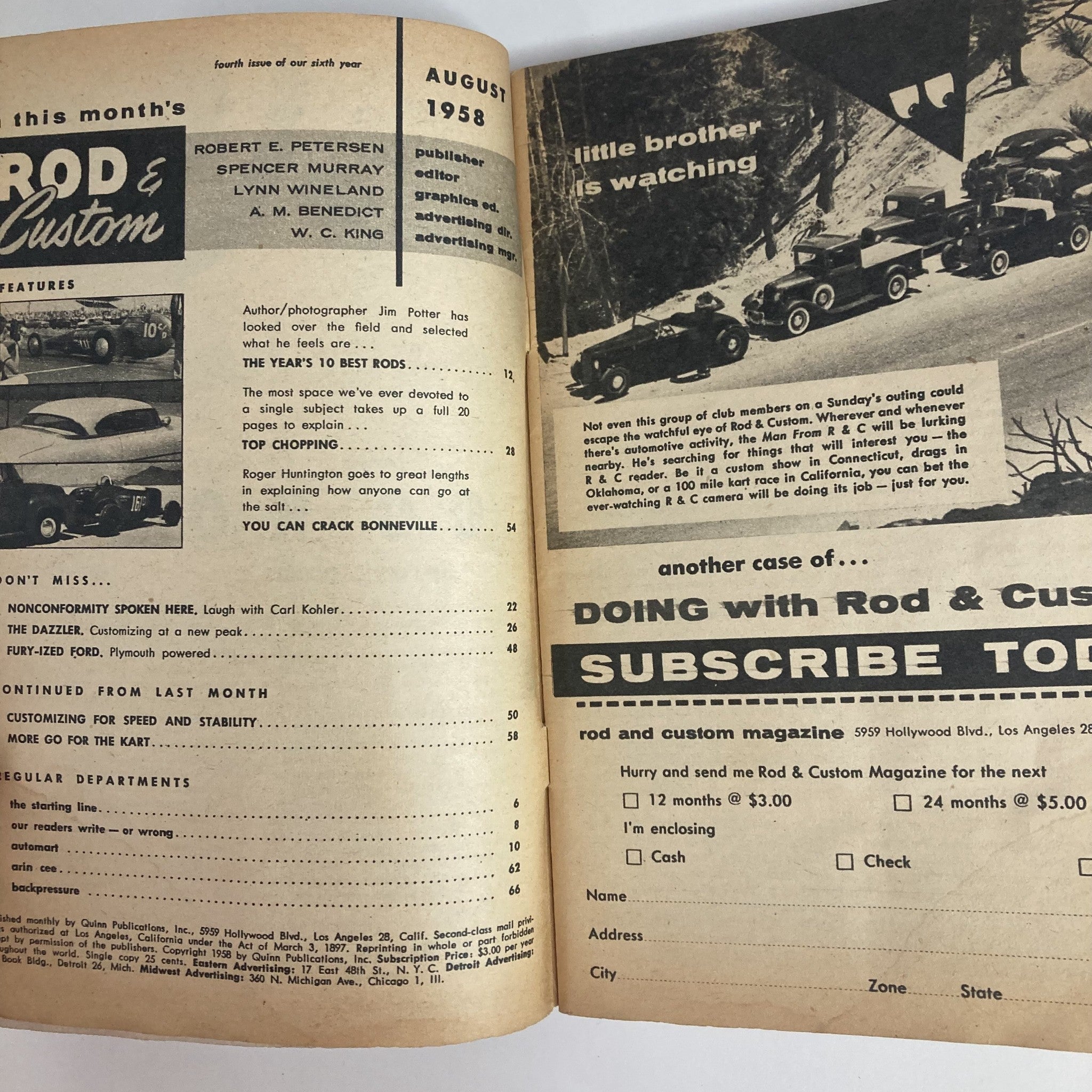 VTG Rod & Custom Magazine August 1958 Full Story on Chopped Tops No Label