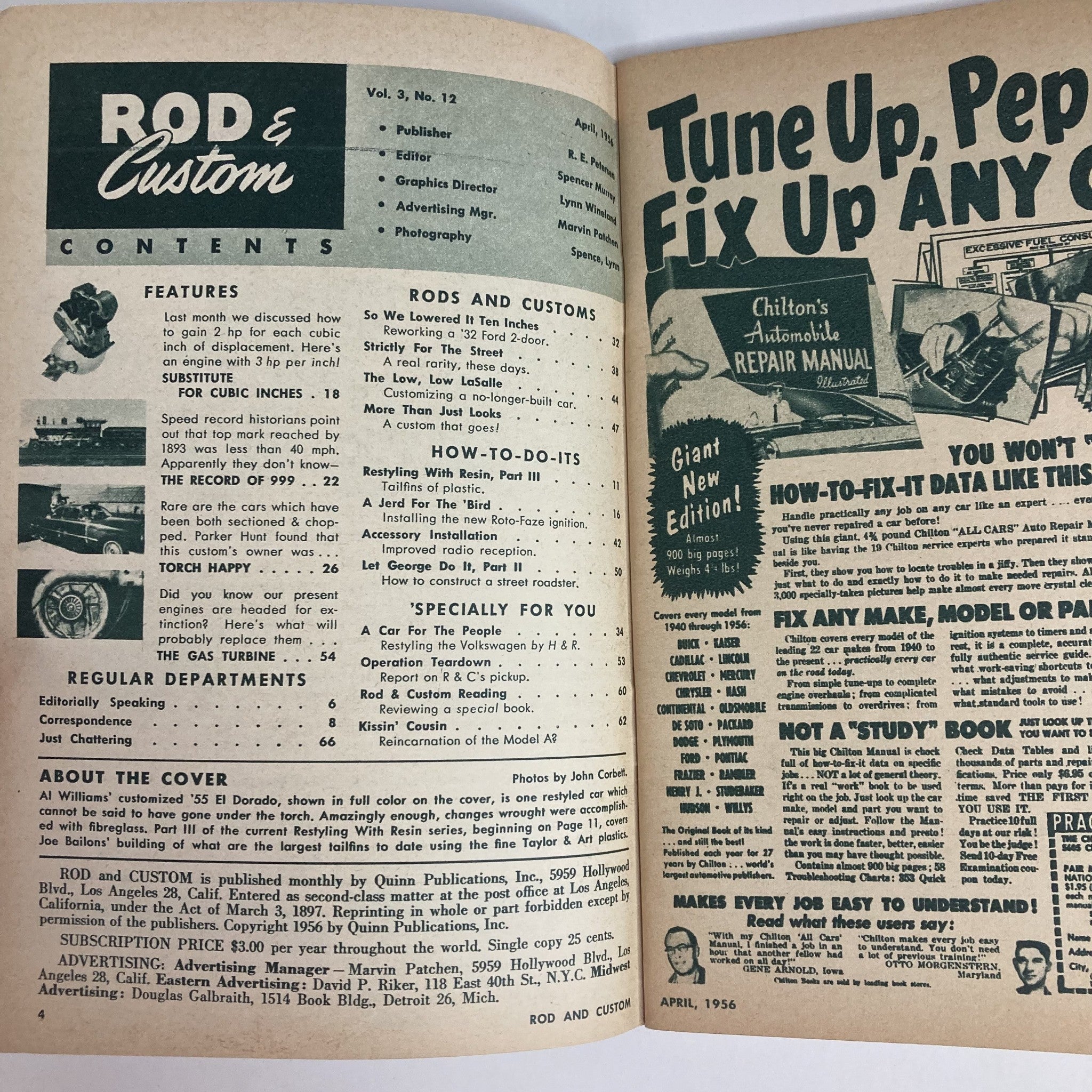 VTG Rod & Custom Magazine April 1956 Vol 3 No. 12 Fins of Plastic No Label