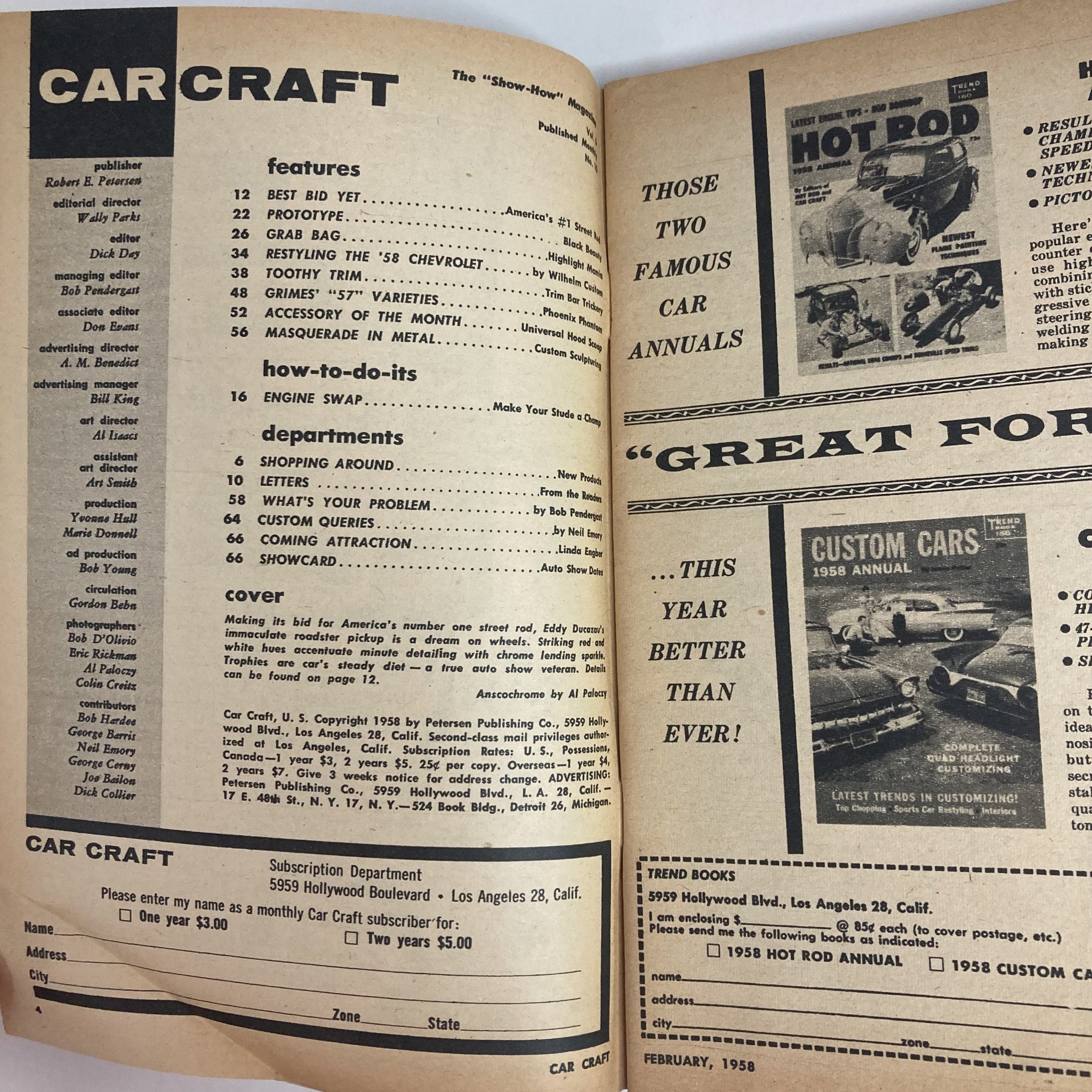 VTG Car Craft Magazine February 1958 Guide To Toothy Trim Customizing No Label