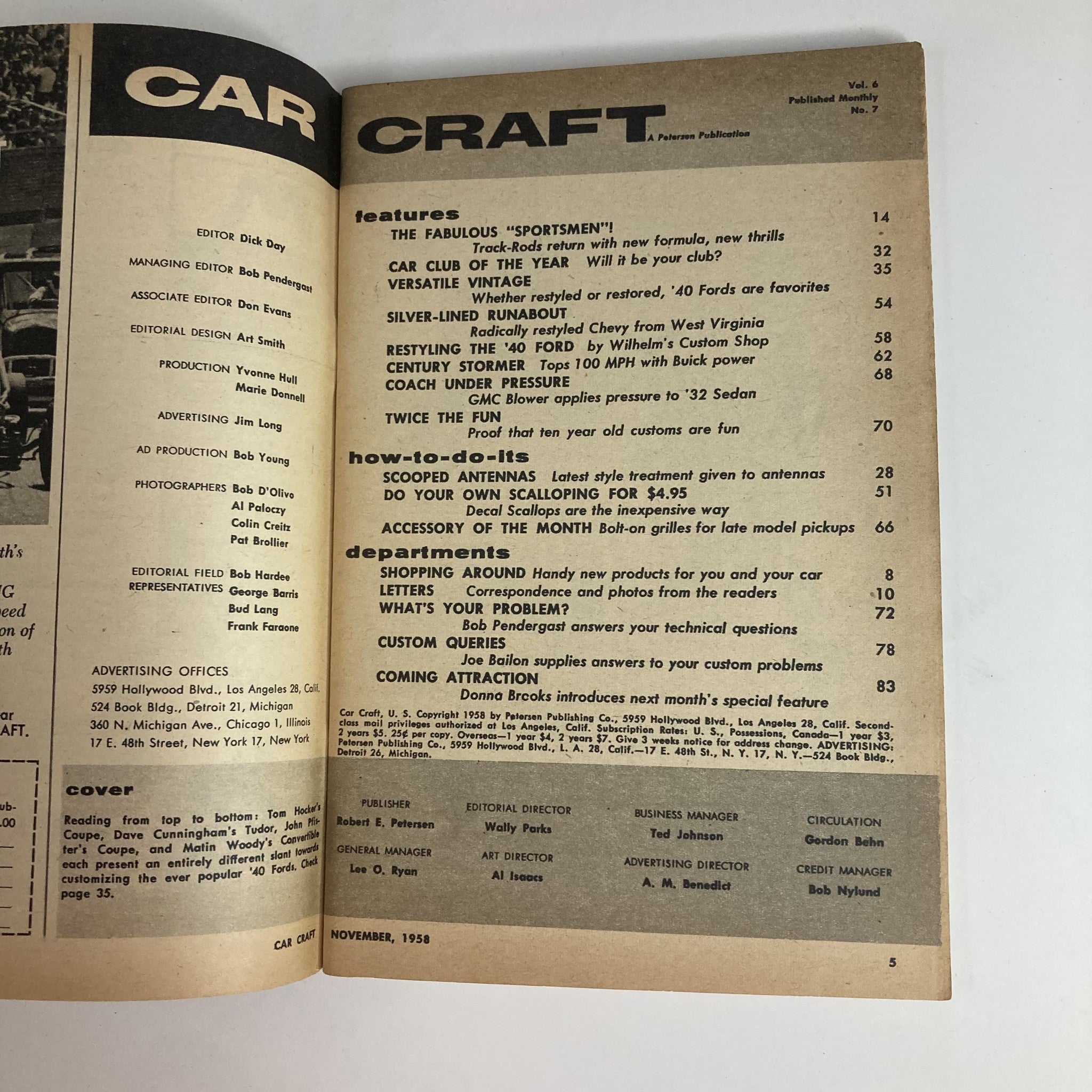 VTG Car Craft Magazine November 1958 Vol 6 No. 7 The Fabulous Sportsmen No Label