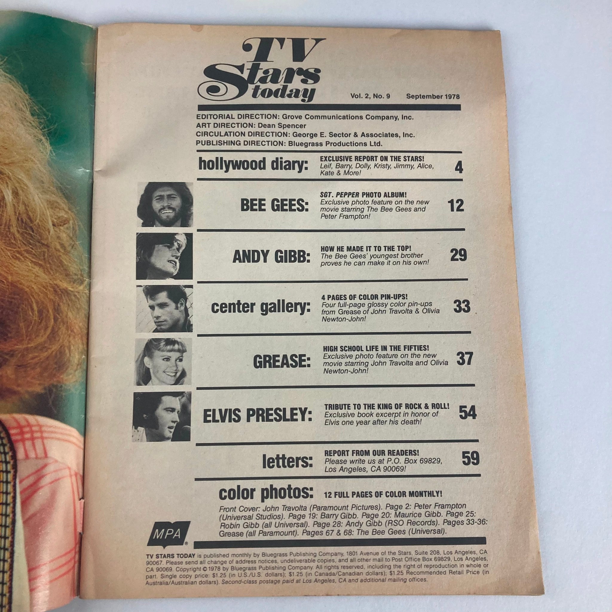 Inside page of VTG TV Stars Today Magazine September 1978 Vol 2 No. 9 listing articles and features including Bee Gees and John Travolta.