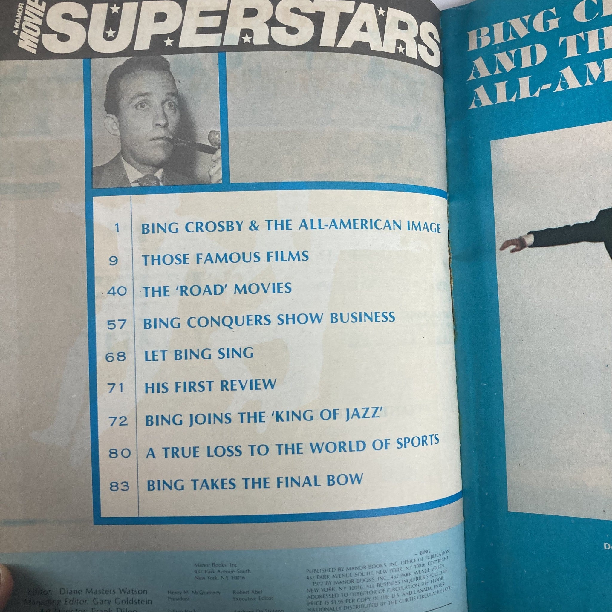 Inside page of VTG Movie Superstars Magazine Winter 1977, with a feature list about Bing Crosby and his contributions to cinema.