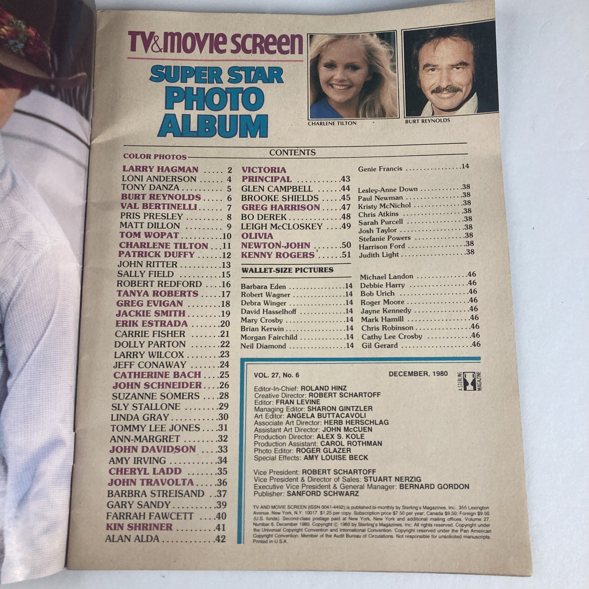 Inside page of the VTG TV & Movie Screen 1980 All Star Photo Album showing the contents with featured stars including Charlene Tilton and Burt Reynolds, highlighting the magazine's role in capturing pop culture history.