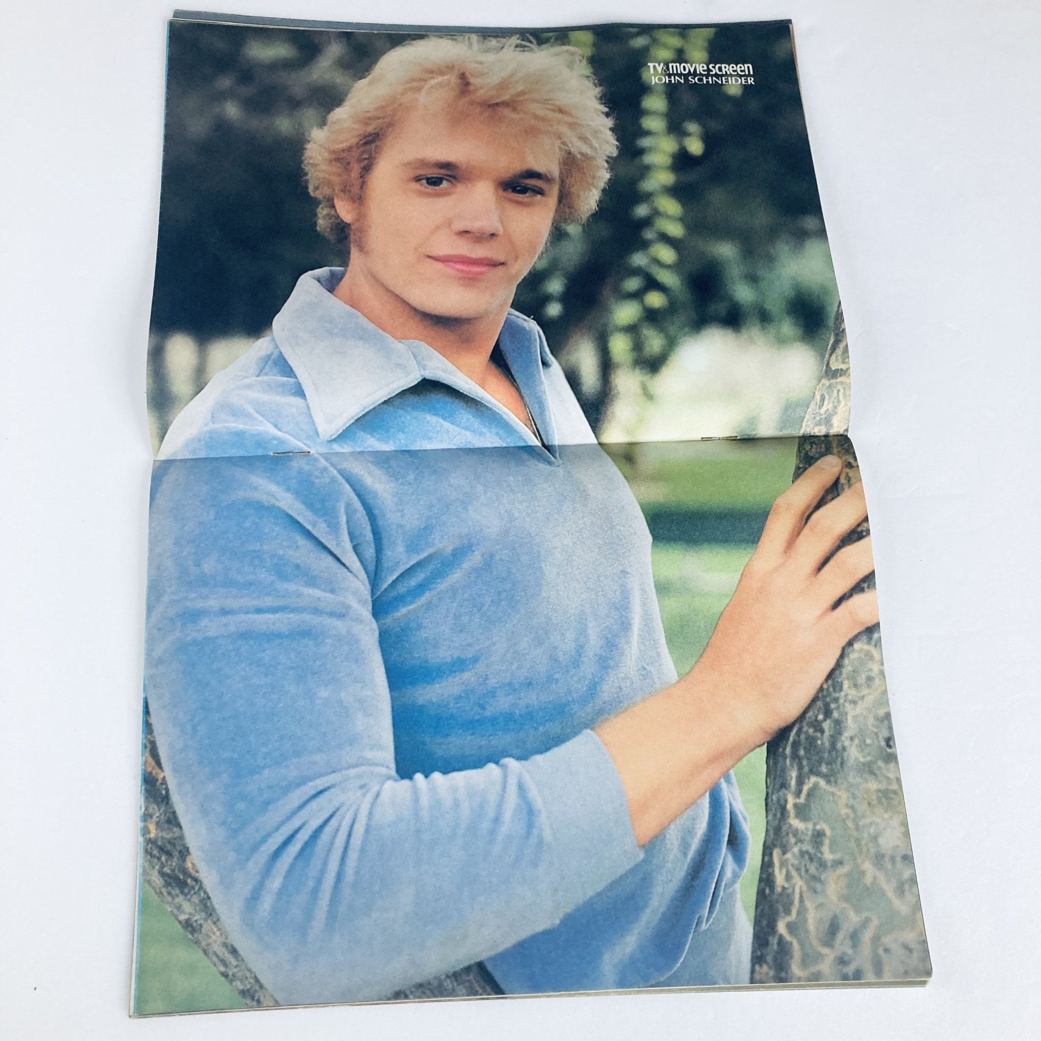 Color pinup page from the VTG TV & Movie Screen 1980 All Star Photo Album featuring John Schneider posing outdoors. This collectible image showcases the style and nostalgia of classic television stars from the 1980s.