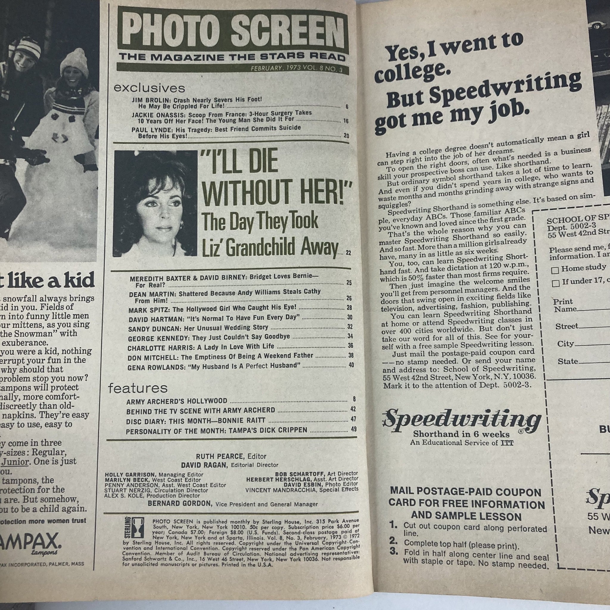 VTG Photo Screen Magazine February 1973 Vol 8 No. 3 Jackie Kennedy No Label