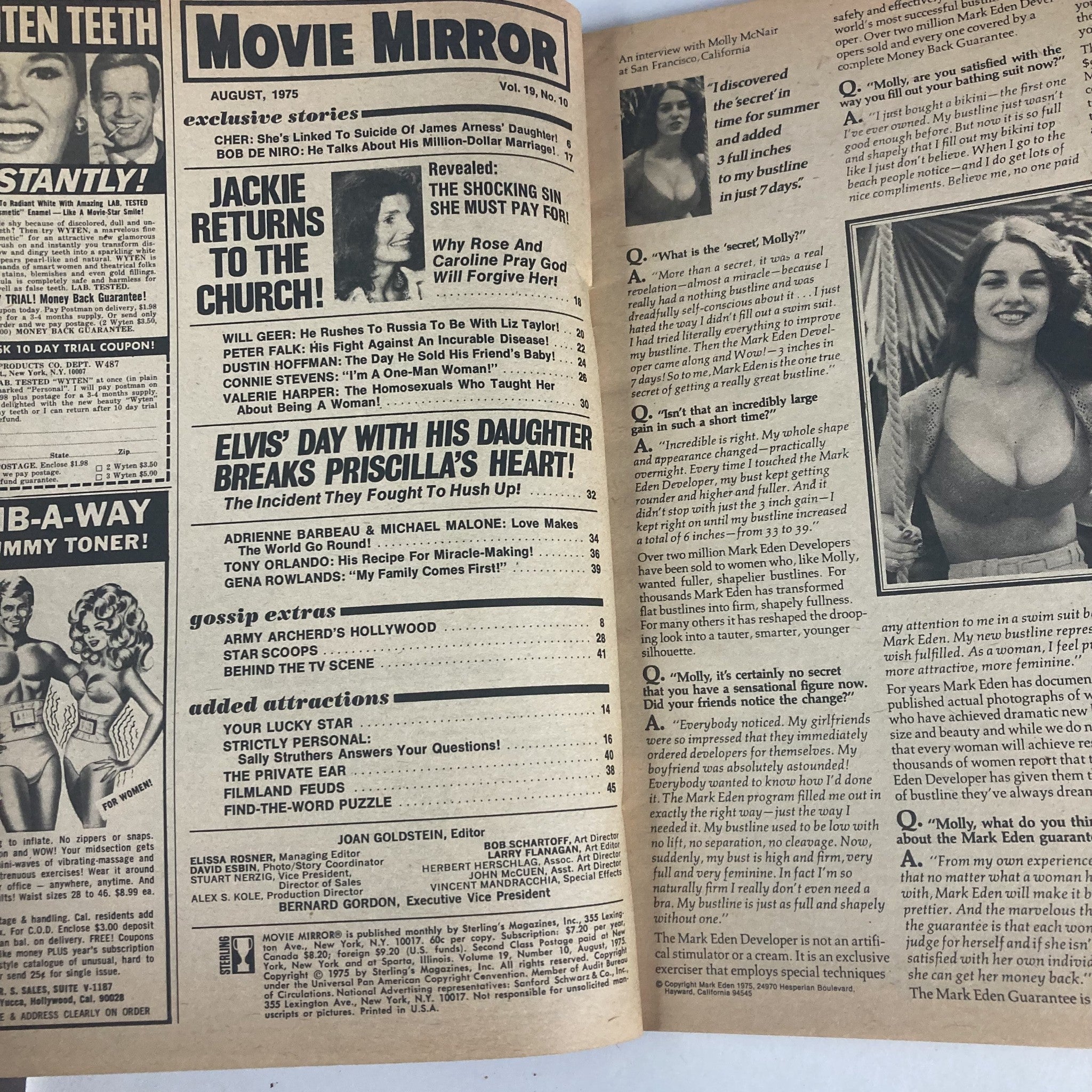 Inside page of VTG Movie Mirror Magazine August 1975, Volume 19, Number 10 featuring articles on Jackie, Elvis, and interviews with stars including Molly McNear. Includes engaging headlines and a vintage layout that reflects the cinematic culture of the 1970s.