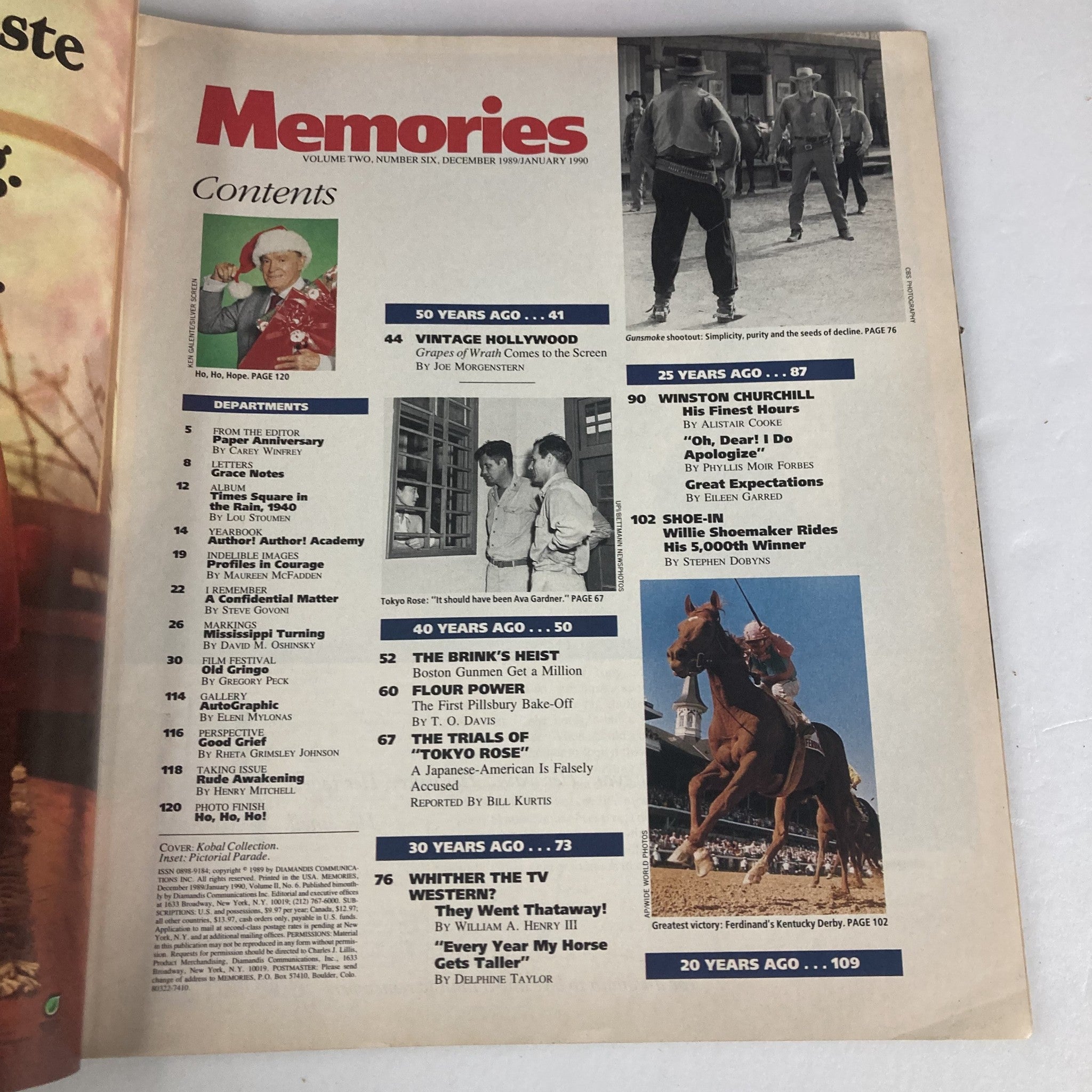 Table of contents page from VTG Memories Magazine December 1989 Vol 2 No 6. The page lists various articles including topics on Winston Churchill, vintage Hollywood, and significant events from decades past.