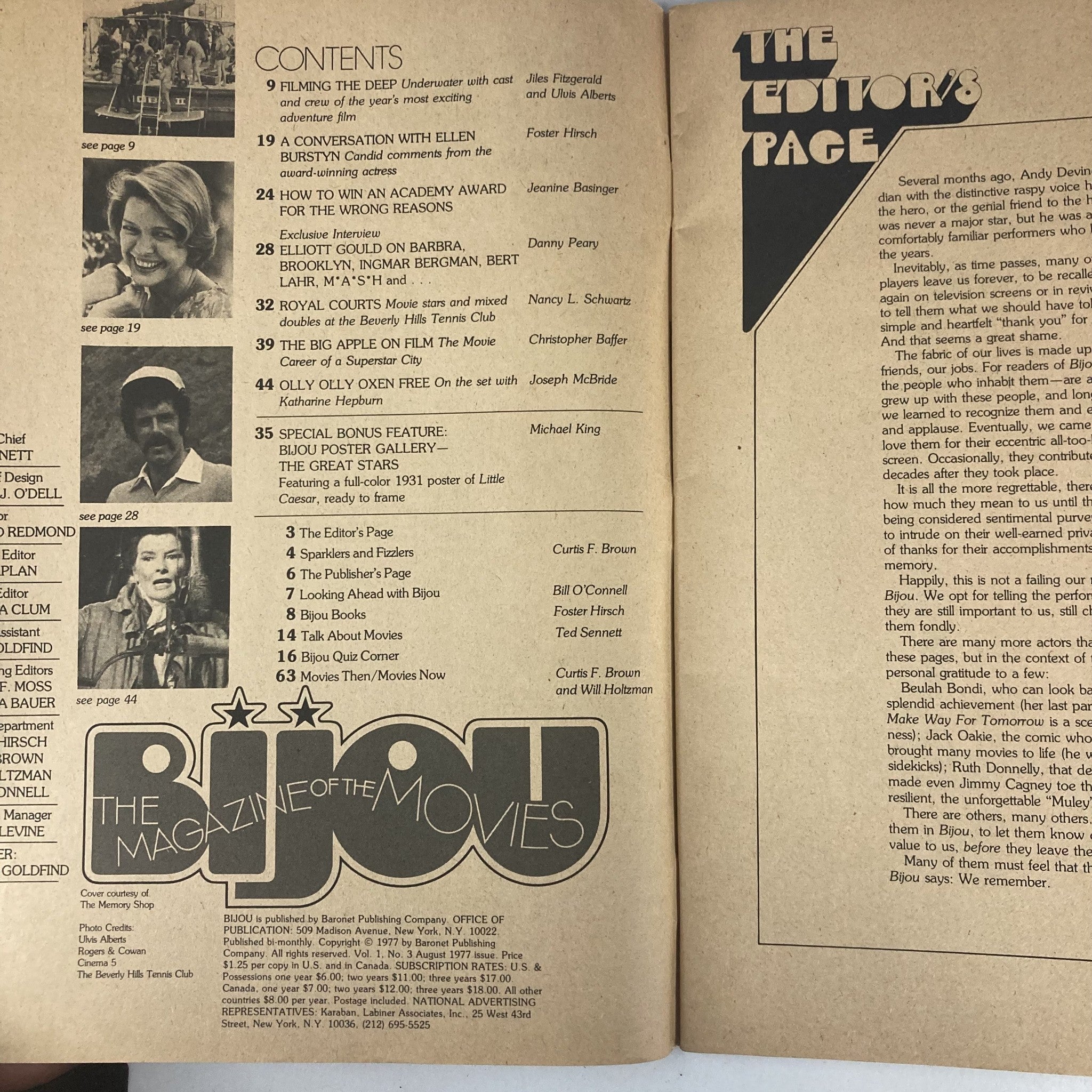 Interior page of the VTG Bijou Movie Magazine August 1977 featuring contents list, articles about Ellen Burstyn and Elliott Gould, and the magazine's logo. This vintage magazine provides insights into 1970s Hollywood.