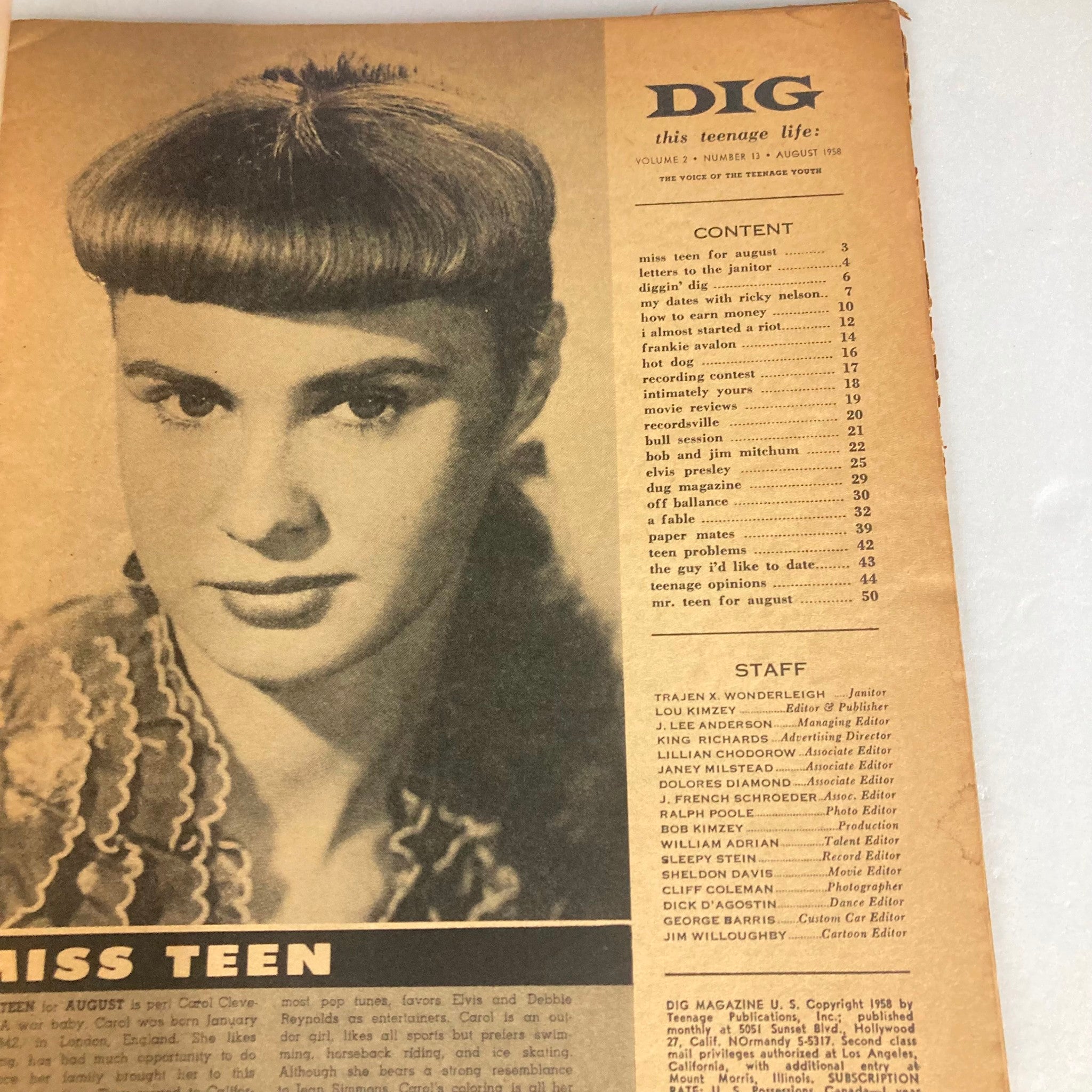 VTG Dig Magazine August 1958 Vol 2 No. 13 Bob & Jim Mitchum No Label