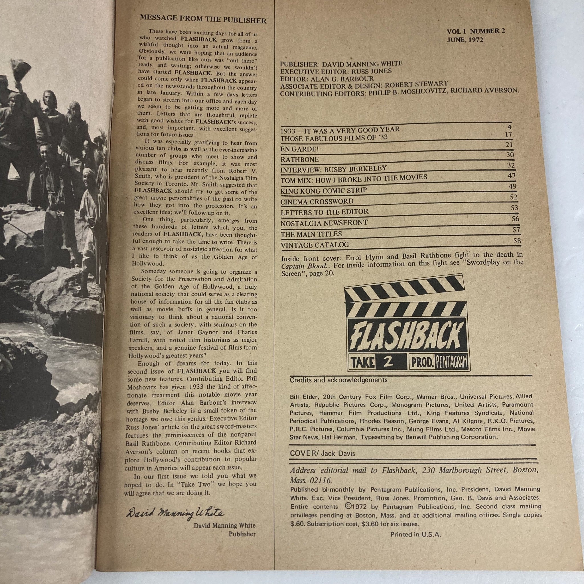 Inside page of VTG Flashback Magazine June 1972 Vol 1 No. 2 Swordplay On The Screen, featuring a message from the publisher, contents listing, and details about the magazine's contributors and articles.