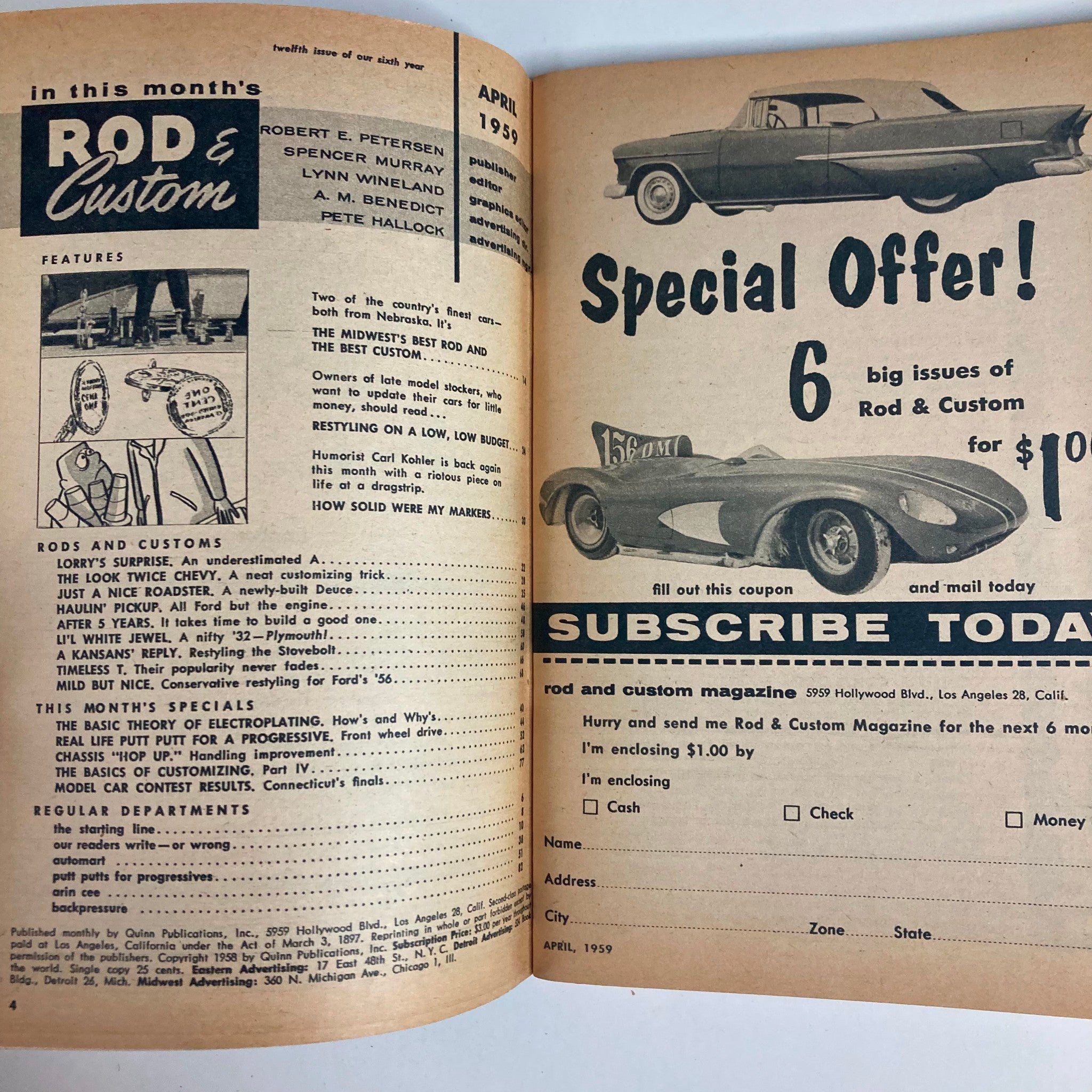 VTG Rod & Custom Magazine April 1959 Midwest's Best Rod & Best Custom No Label