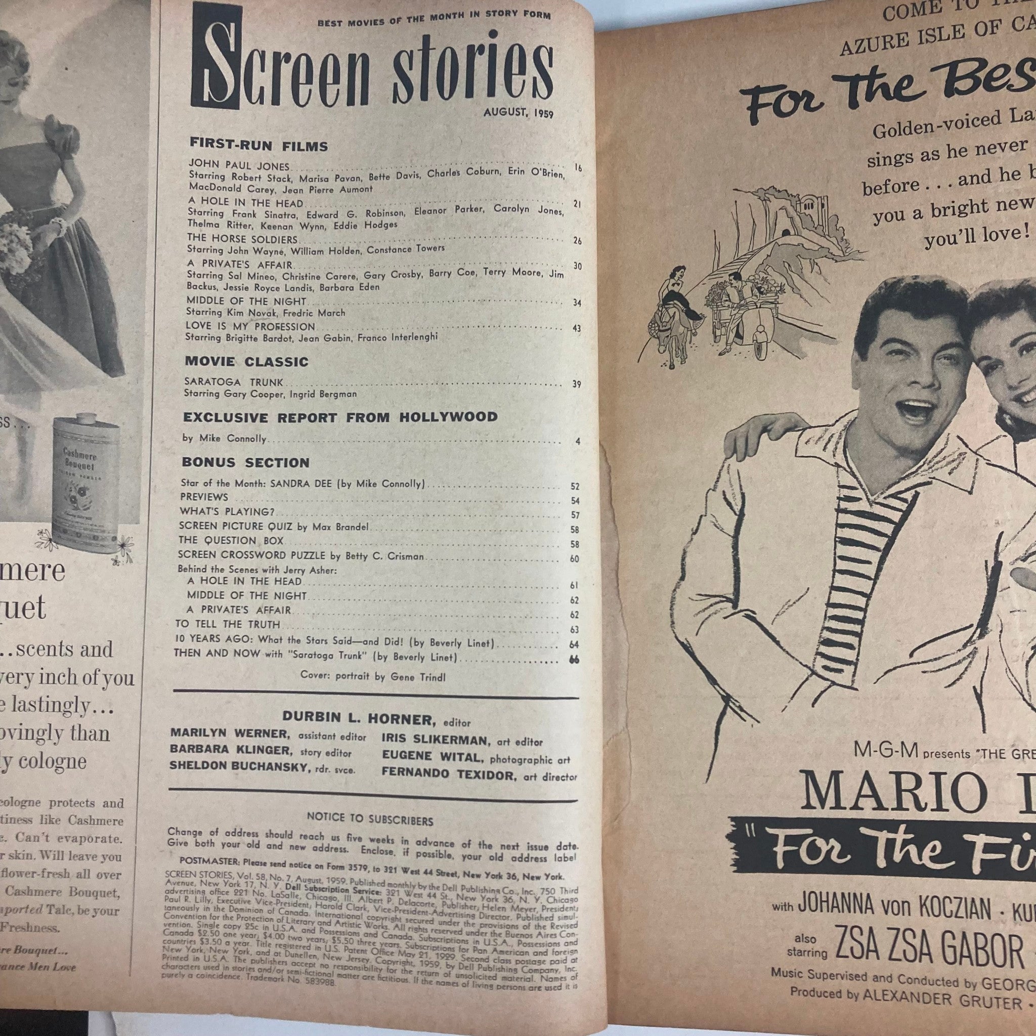 VTG Screen Stories Magazine August 1959 Vol 58 No. 7 Sandra Dee No Label