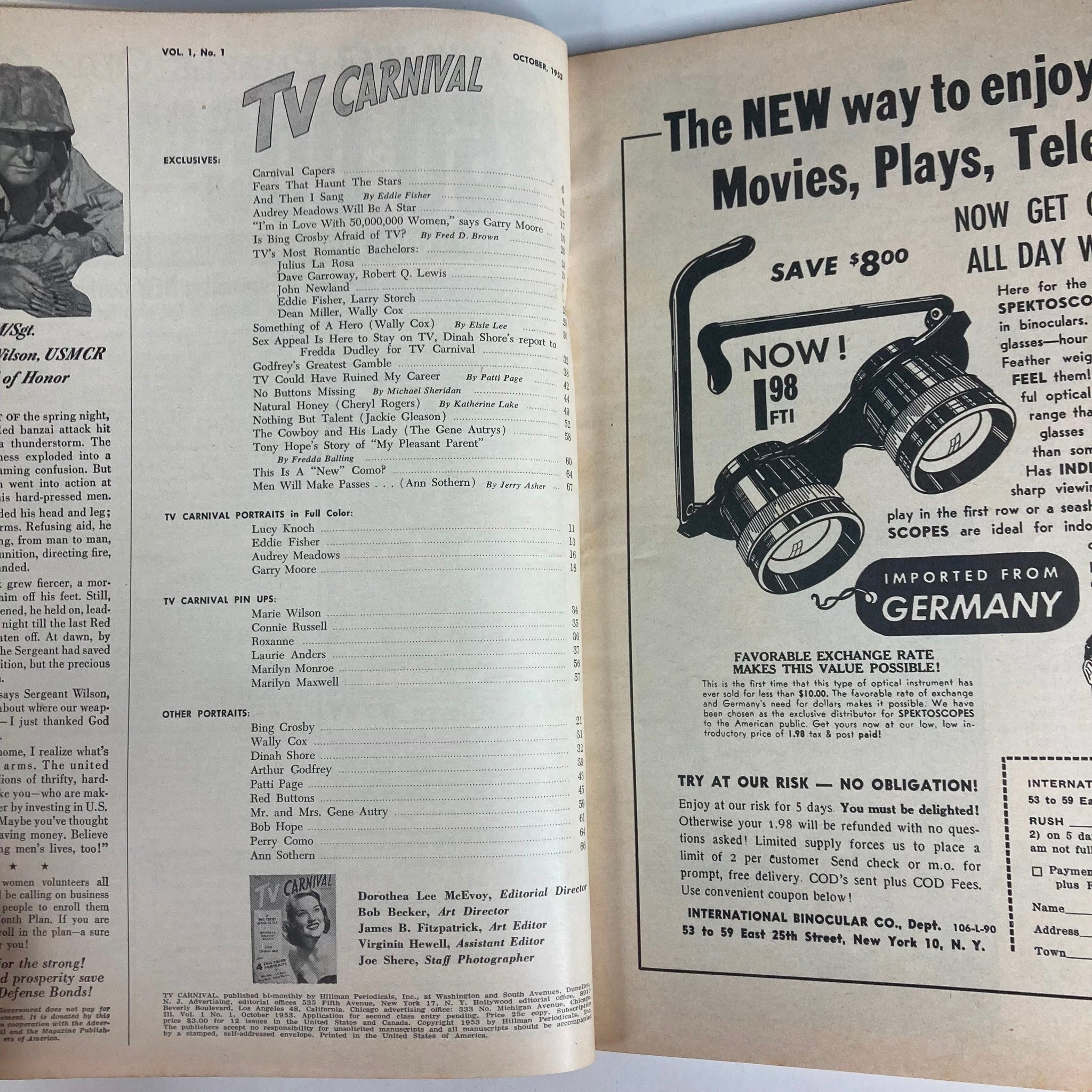 VTG TV Carnival Magazine October 1953 Vol 1 #1 Patti Page, Bing Crosby No Label