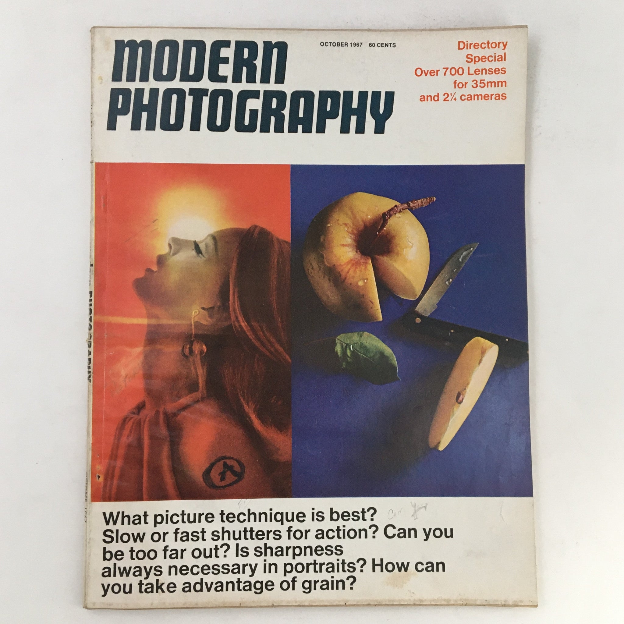Cover of Modern Photography Magazine, October 1967, featuring a vibrant design with images of a woman's profile and sliced fruit, discussing slow versus fast shutter speeds.