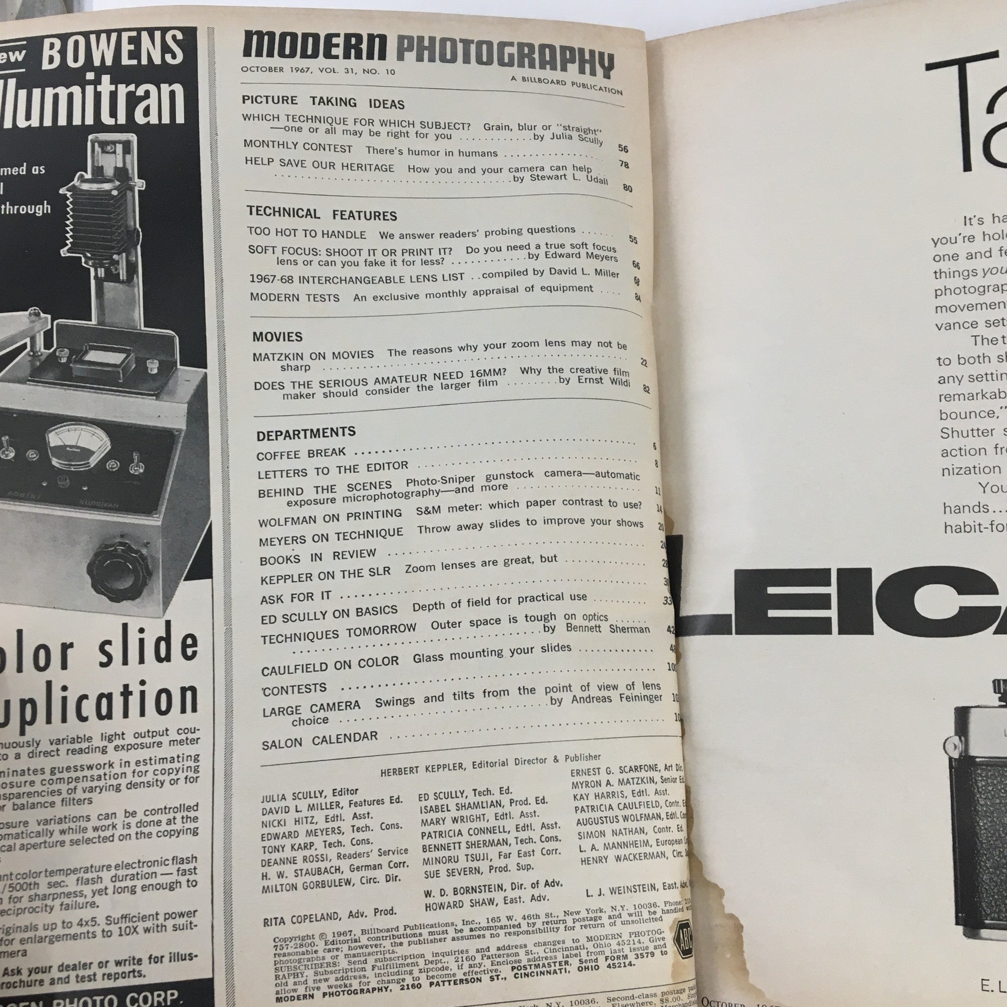 Interior page from Modern Photography Magazine October 1967 showcasing topics on picture taking ideas, technical features, and photography department sections.