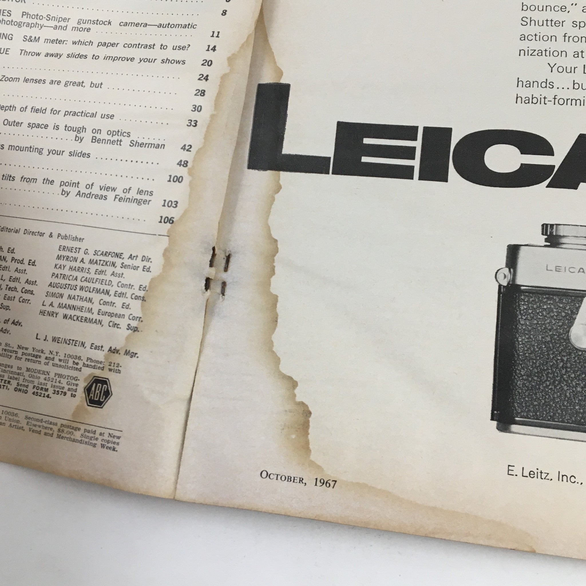 A close-up view of the table of contents from Modern Photography Magazine October 1967 highlighting the articles and features in this vintage publication.