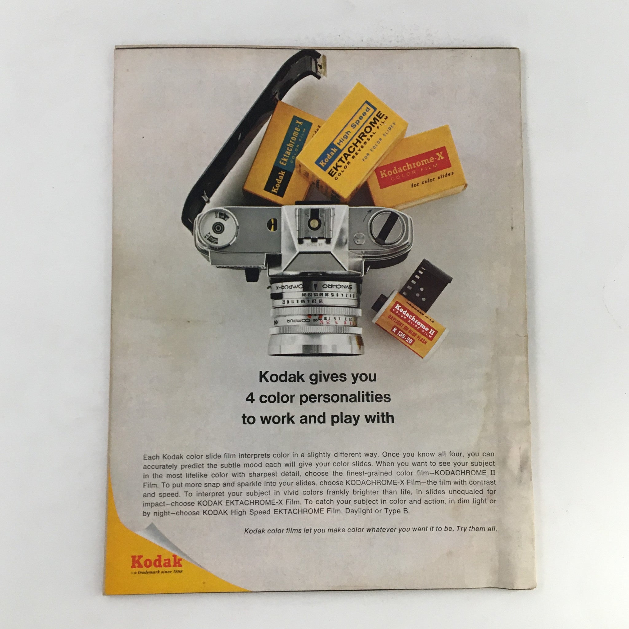 Ad page from Modern Photography Magazine October 1967 featuring a Kodak camera with an ad about Kodak color film and photography.