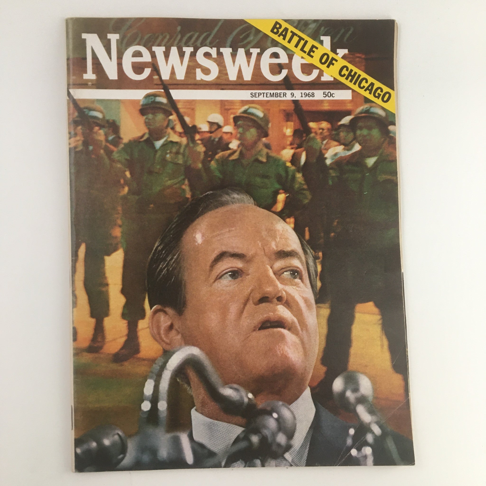 Cover of Newsweek Magazine from September 9, 1968 featuring the title 'Battle of Chicago'. The image depicts Hubert Humphrey speaking with a tense backdrop of Chicago police during the Democratic National Convention.