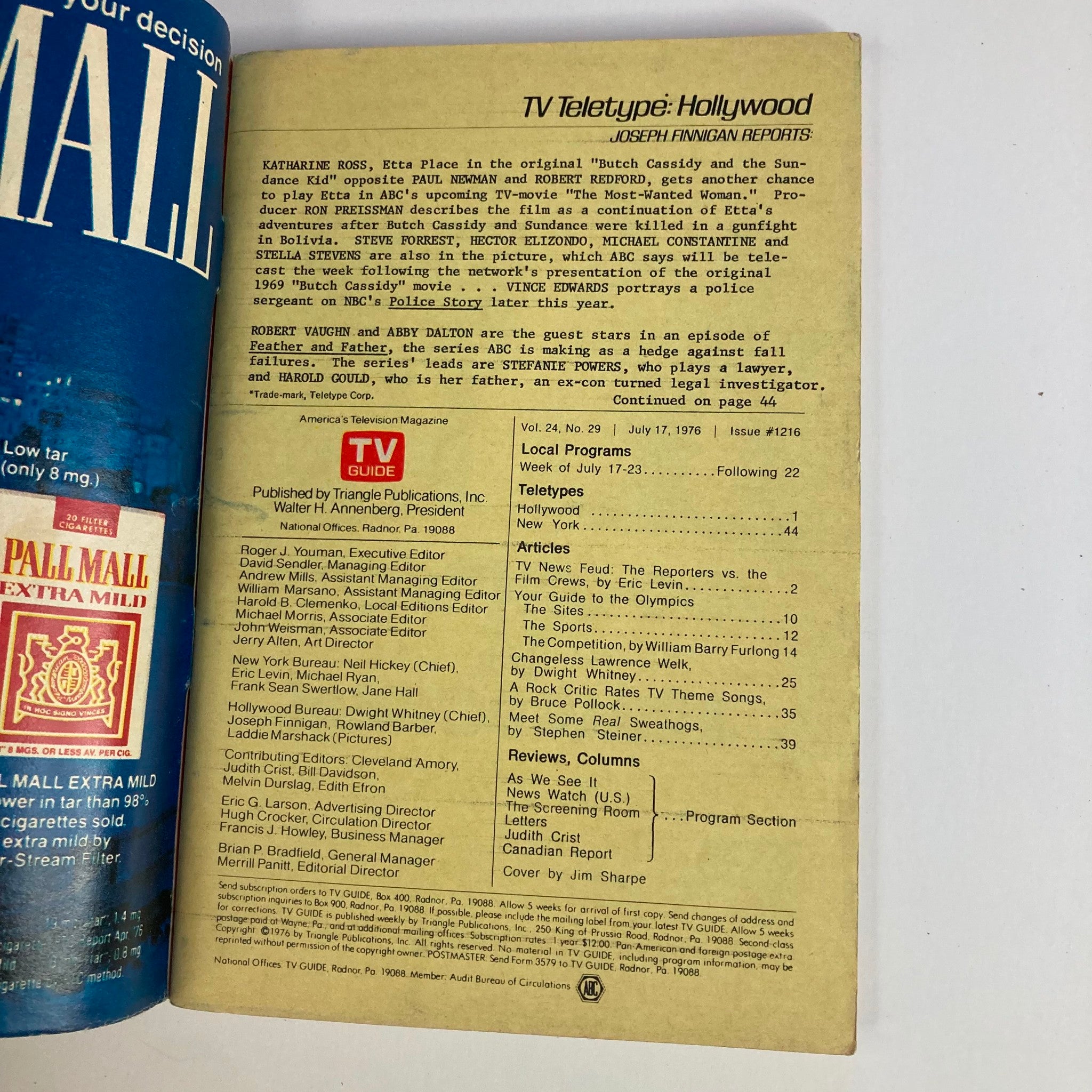 Inside page of TV Guide Magazine dated July 17, 1976, issue #1216, showcasing program listings and articles, including TV Teletype on Hollywood and details on the Olympic coverage.