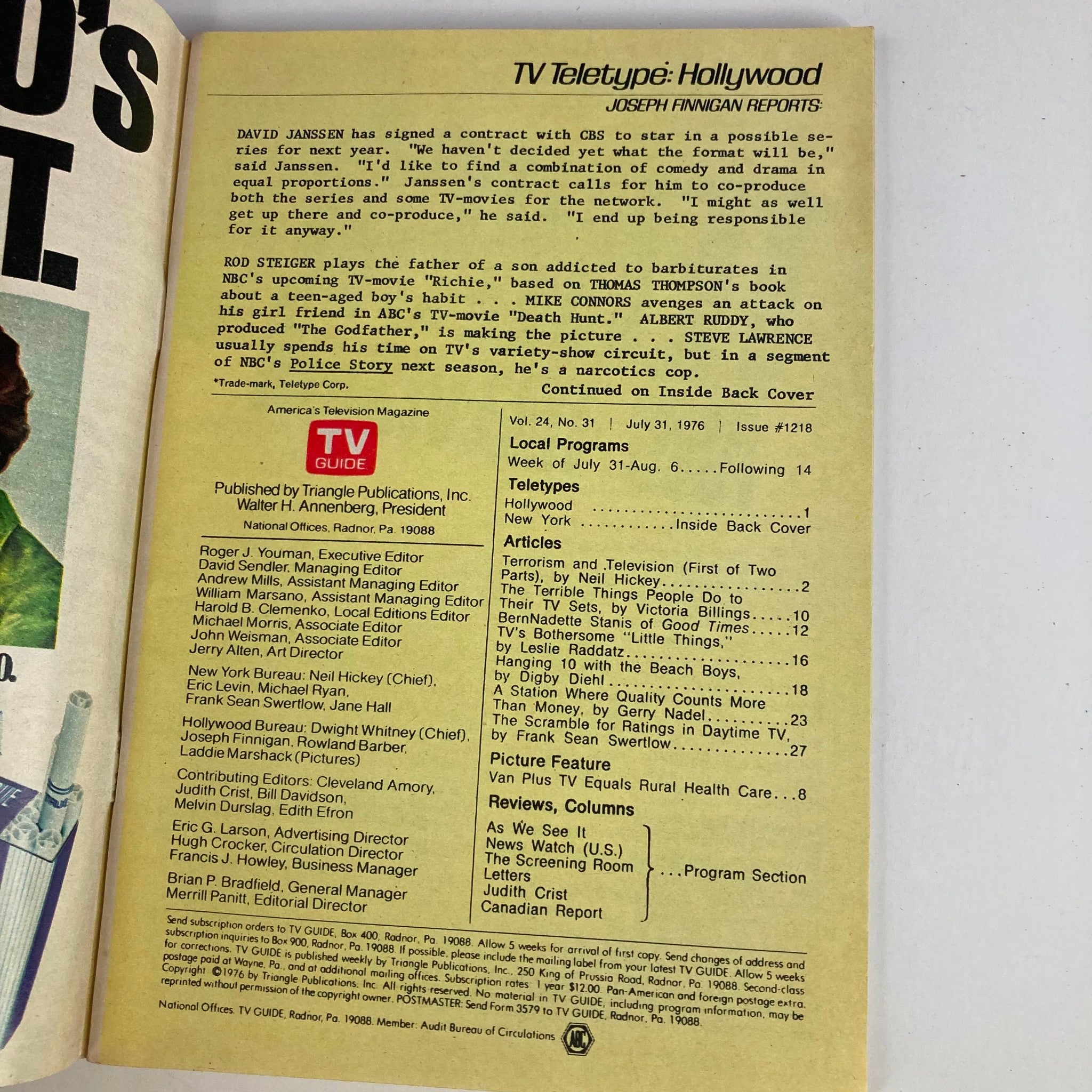 Inside page of TV Guide Magazine July 31 1976 issue #1218 displaying the TV Teletype column and listing local programs, showcasing the magazine's focus on television content during the time period.