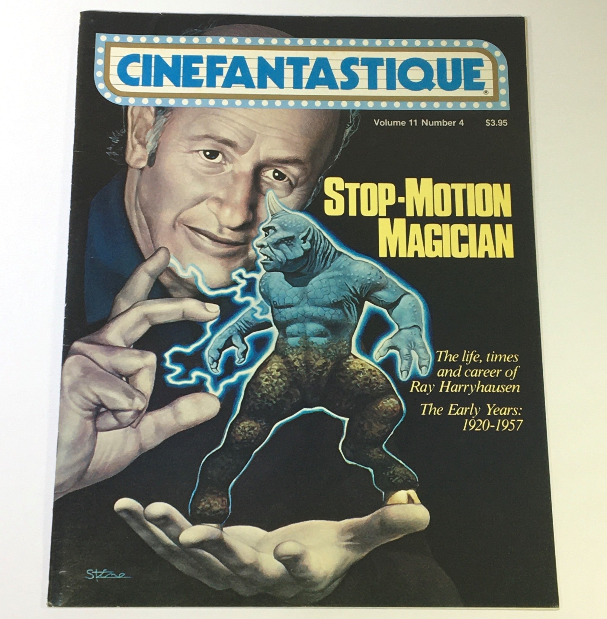 VTG Cinefantastique December 1981 Vol 11 #4 featuring Ray Harryhausen. The cover showcases an illustration of Ray Harryhausen with a stop-motion creature, highlighting his influence in the film industry from 1920 to 1957.