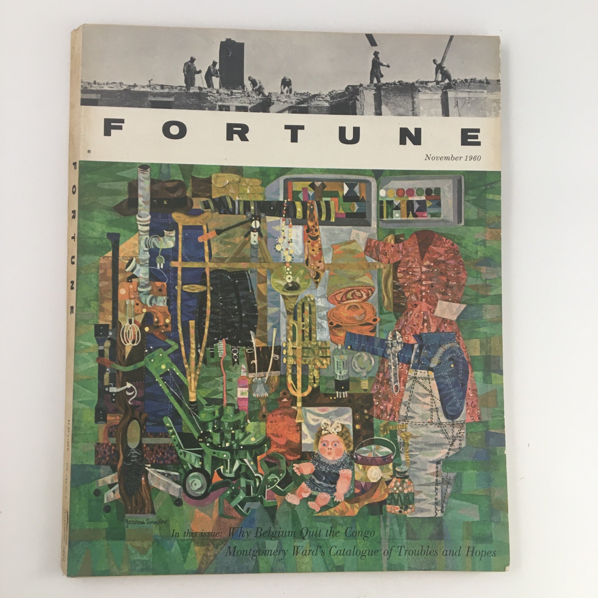Cover of Fortune Magazine November 1960 featuring the title 'Montgomery Ward's Catalogue of Troubles,' showcasing colorful artwork and historical retail elements.