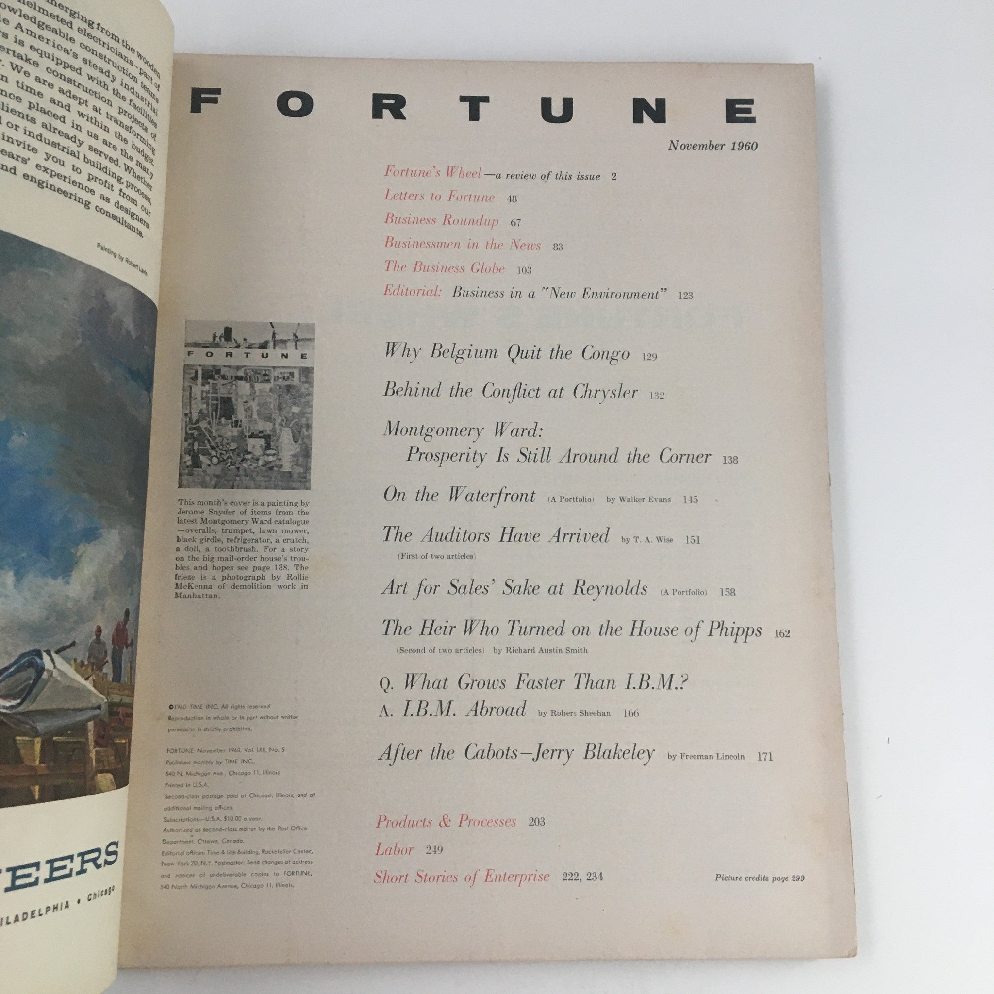 Inside page of Fortune Magazine November 1960 displaying the table of contents, highlighting articles including 'Montgomery Ward' and discussing various business topics.