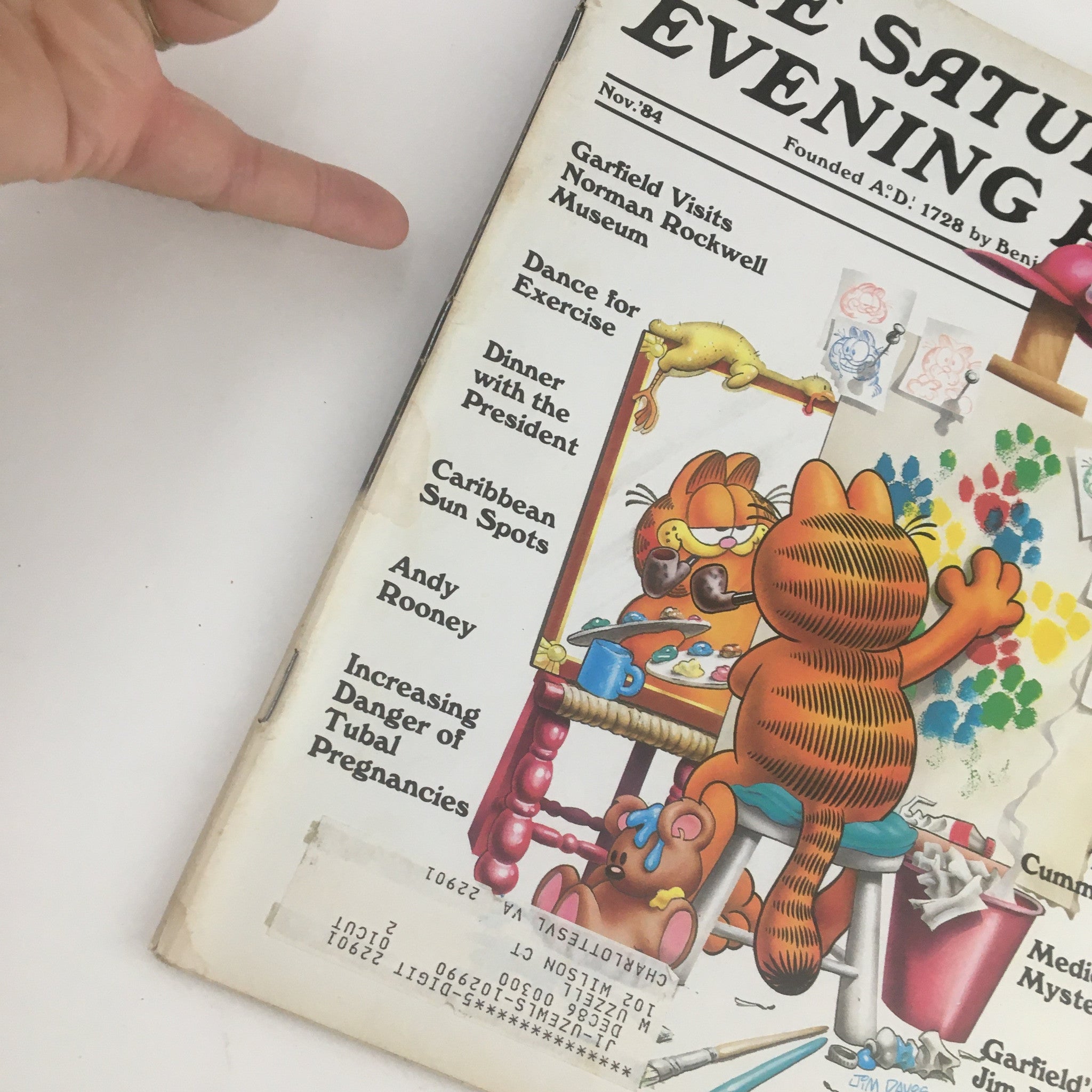 Detail view of The Saturday Evening Post November 1984 cover, featuring Garfield Visits Norman Rockwell Museum, with Garfield admiring his own artwork, emphasizing vintage charm.