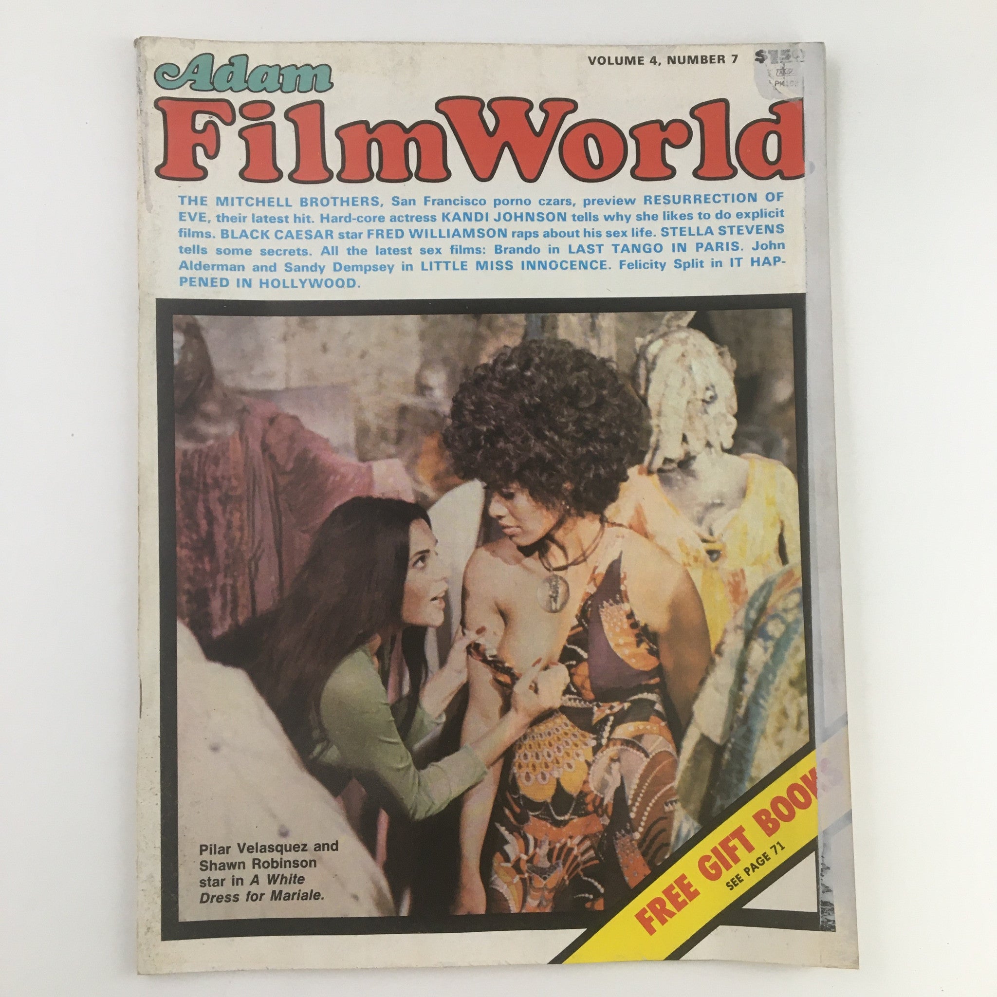 Adam Film World Magazine August 1973 featuring Pilar Velasquez and Shawn Robinson on the cover, showcasing a vintage design and cinematic theme.